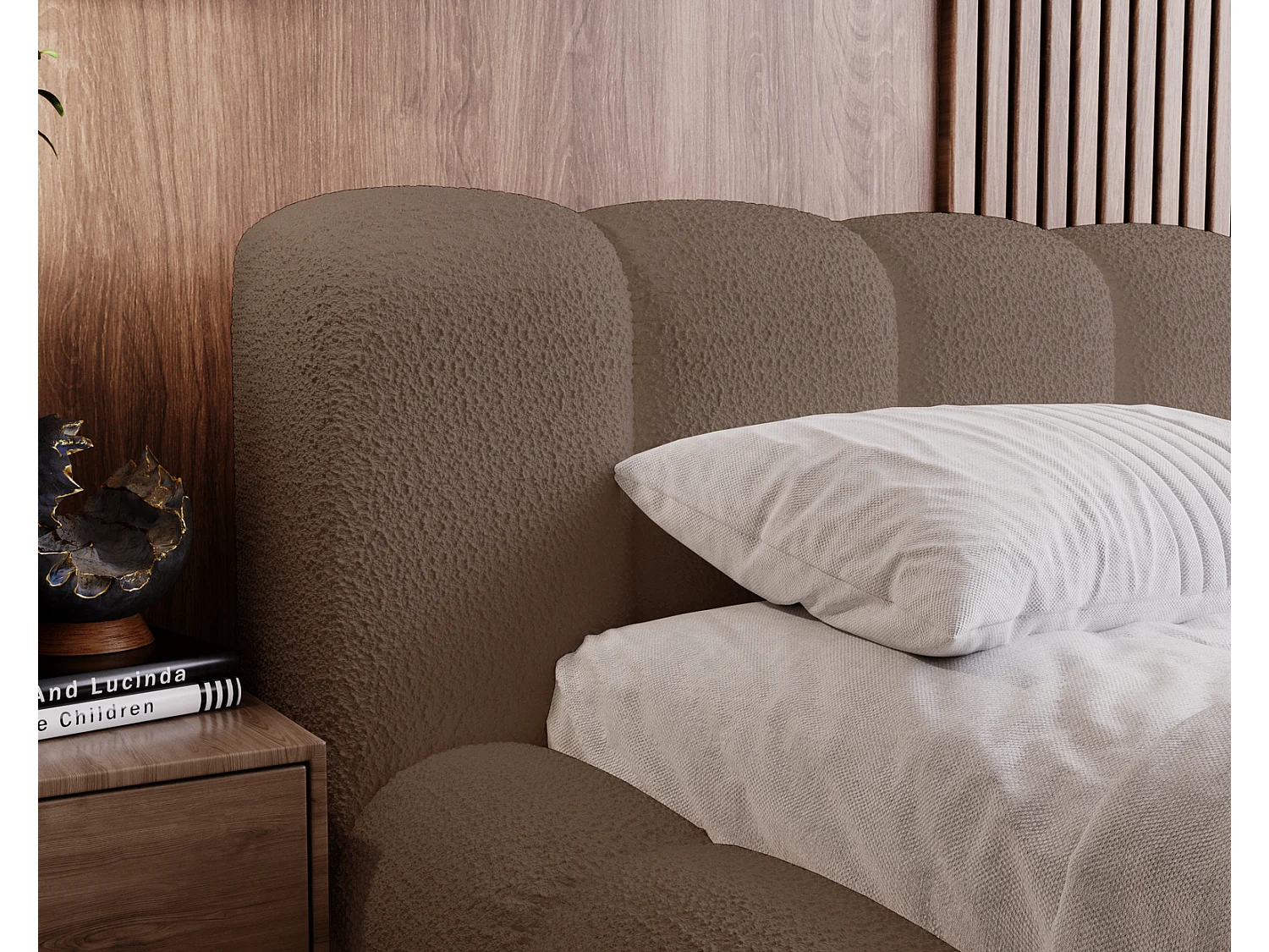 Emporius Cloud Lit rembourré 140x200 - Lit coffre avec rangement et sommier à lattes - Lit double 140x200 cm, tissu bouclé Brun (Anthology 5)