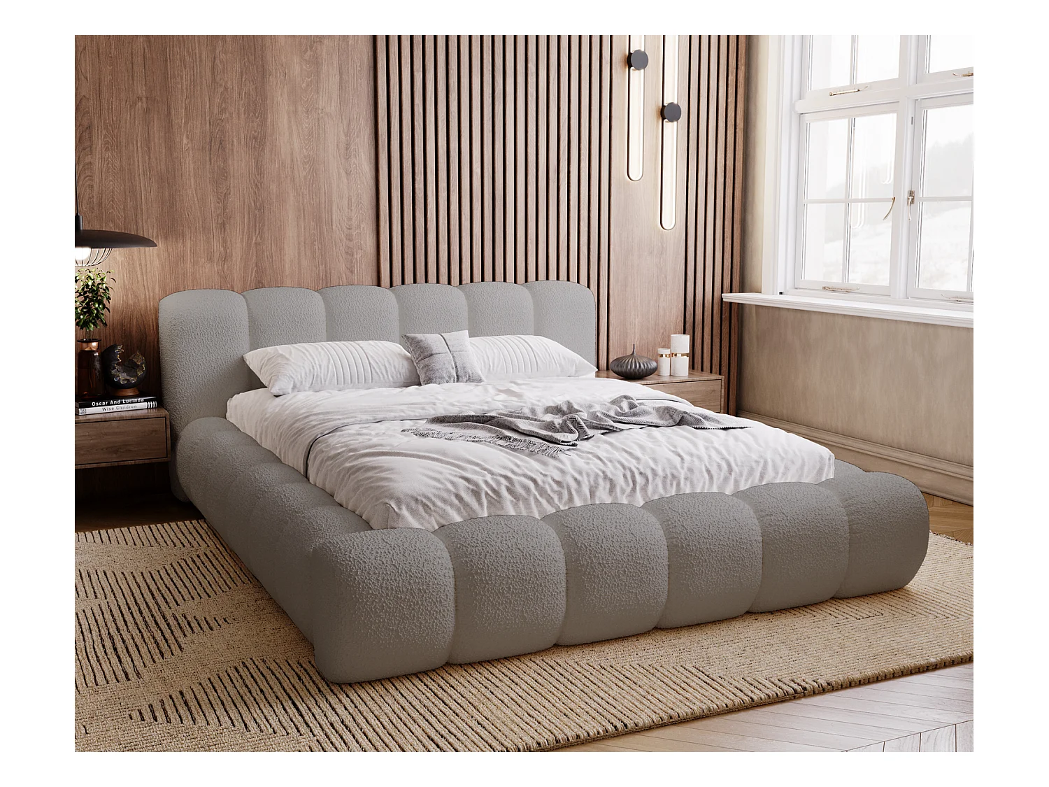 Emporius Cloud Lit rembourré 140x200 - Lit coffre avec rangement et sommier à lattes - Lit double 140x200 cm, tissu bouclé Gris clair (Anthology 15)