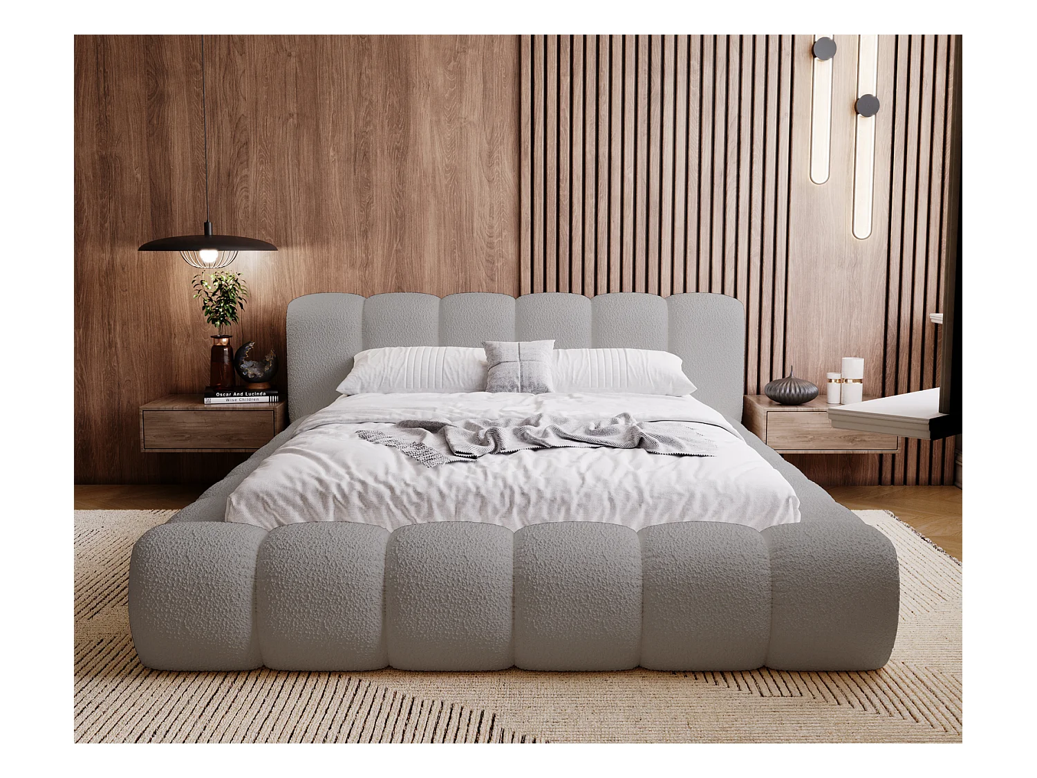 Emporius Cloud Lit rembourré 140x200 - Lit coffre avec rangement et sommier à lattes - Lit double 140x200 cm, tissu bouclé Gris clair (Anthology 15)