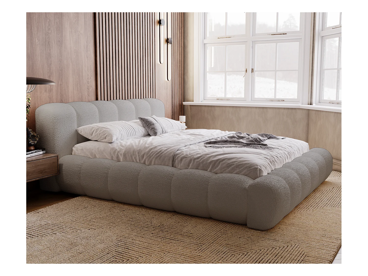 Emporius Cloud Lit rembourré 140x200 - Lit coffre avec rangement et sommier à lattes - Lit double 140x200 cm, tissu bouclé Gris clair (Anthology 15)