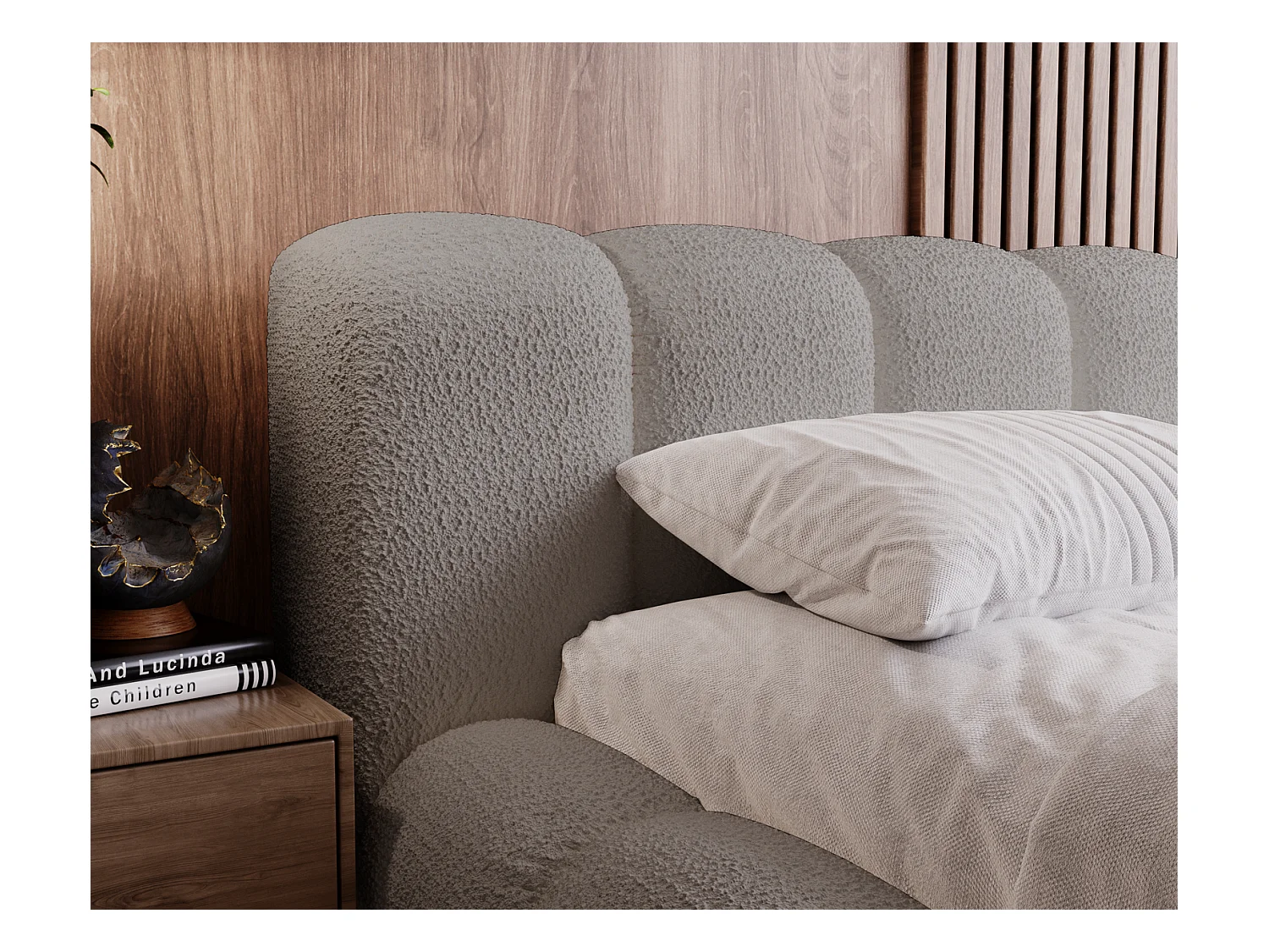 Emporius Cloud Lit rembourré 140x200 - Lit coffre avec rangement et sommier à lattes - Lit double 140x200 cm, tissu bouclé Gris clair (Anthology 15)