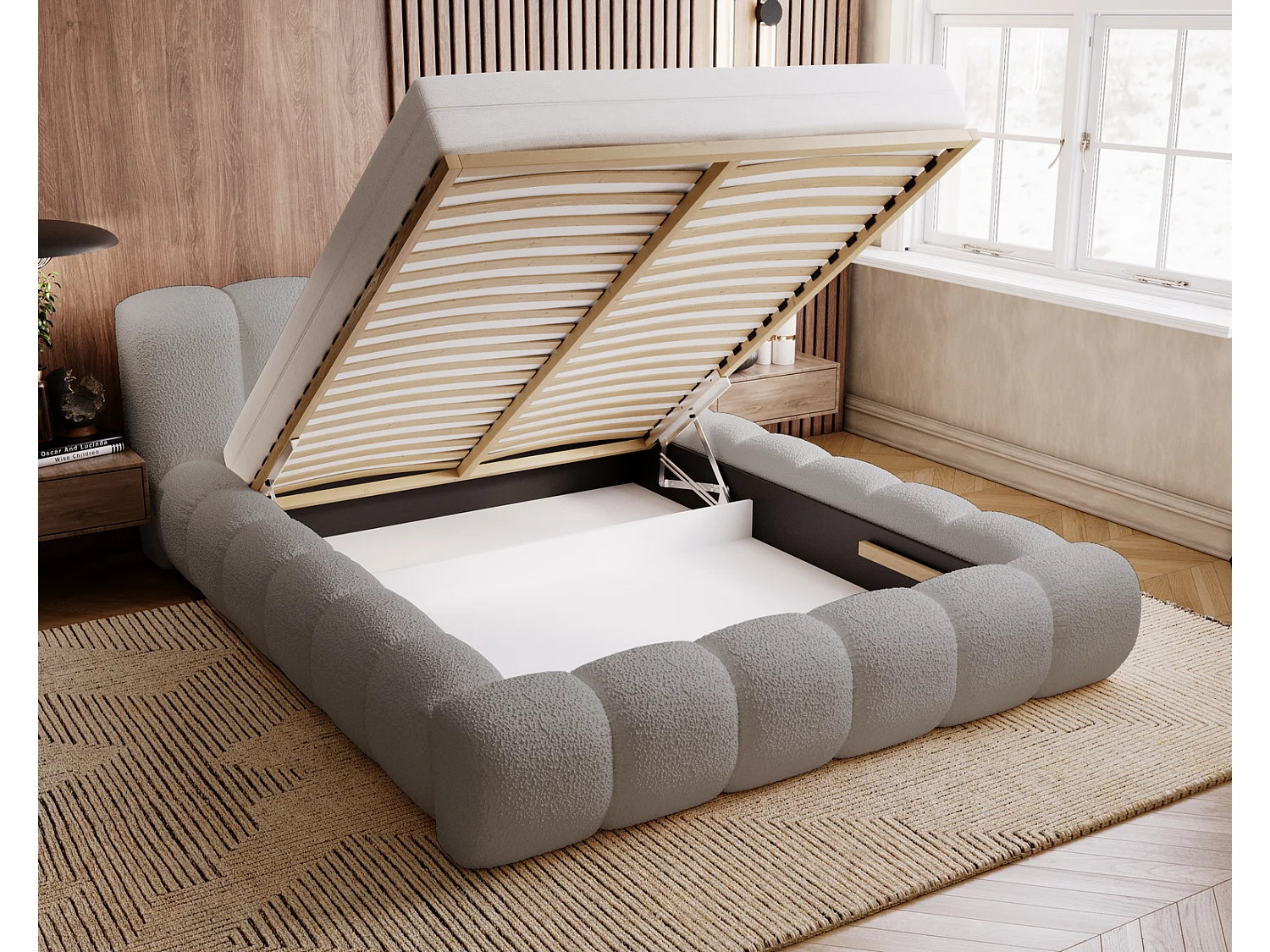 Emporius Cloud Lit rembourré 140x200 - Lit coffre avec rangement et sommier à lattes - Lit double 140x200 cm, tissu bouclé Gris clair (Anthology 15)