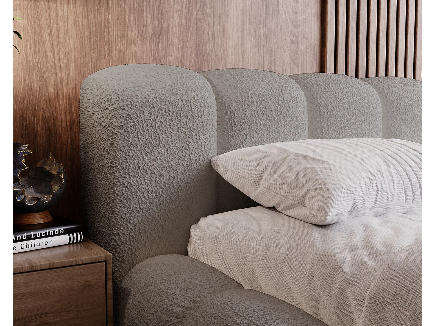 Emporius Cloud Lit rembourré 140x200 - Lit coffre avec rangement et sommier à lattes - Lit double 140x200 cm, tissu bouclé Gris clair (Anthology 15)