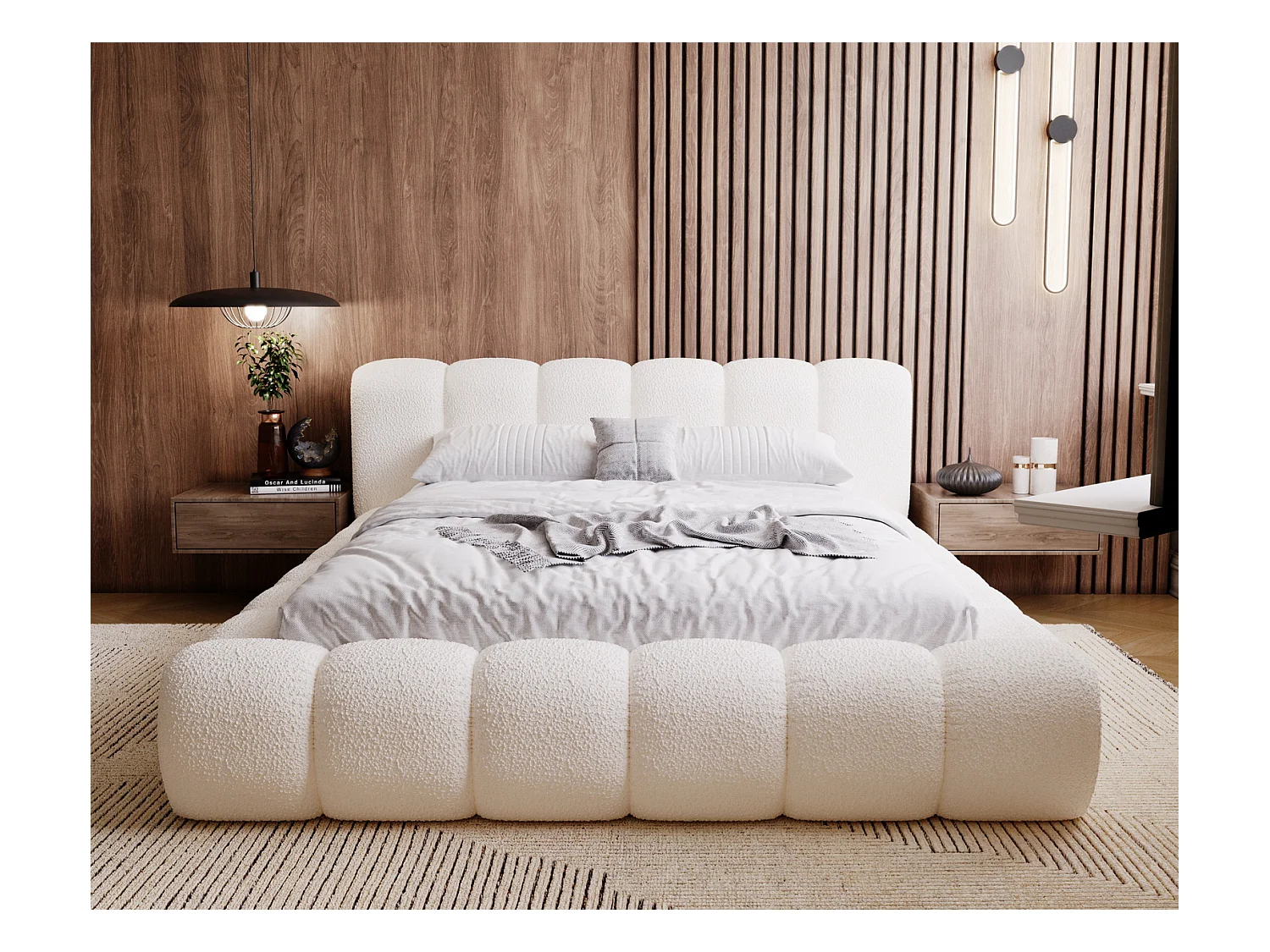 Emporius Cloud Lit rembourré 180x200 - Lit coffre avec rangement et sommier à lattes - Lit double 180x200 cm, tissu bouclé Crème (Anthology 1)