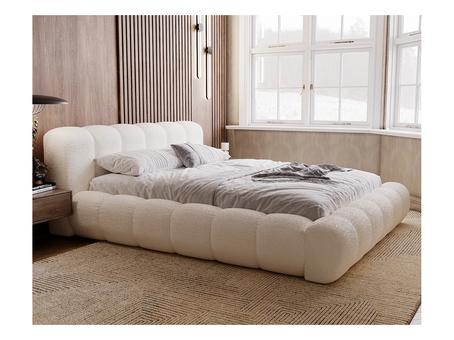 Emporius Cloud Lit rembourré 180x200 - Lit coffre avec rangement et sommier à lattes - Lit double 180x200 cm, tissu bouclé Crème (Anthology 1)