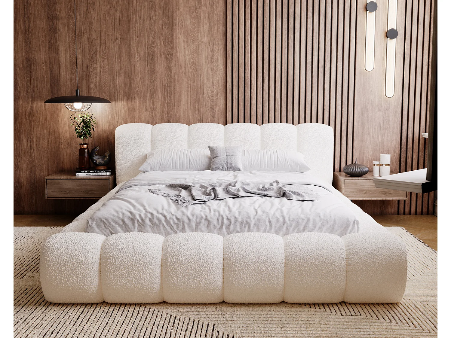 Emporius Cloud Lit rembourré 180x200 - Lit coffre avec rangement et sommier à lattes - Lit double 180x200 cm, tissu bouclé Crème (Anthology 1)