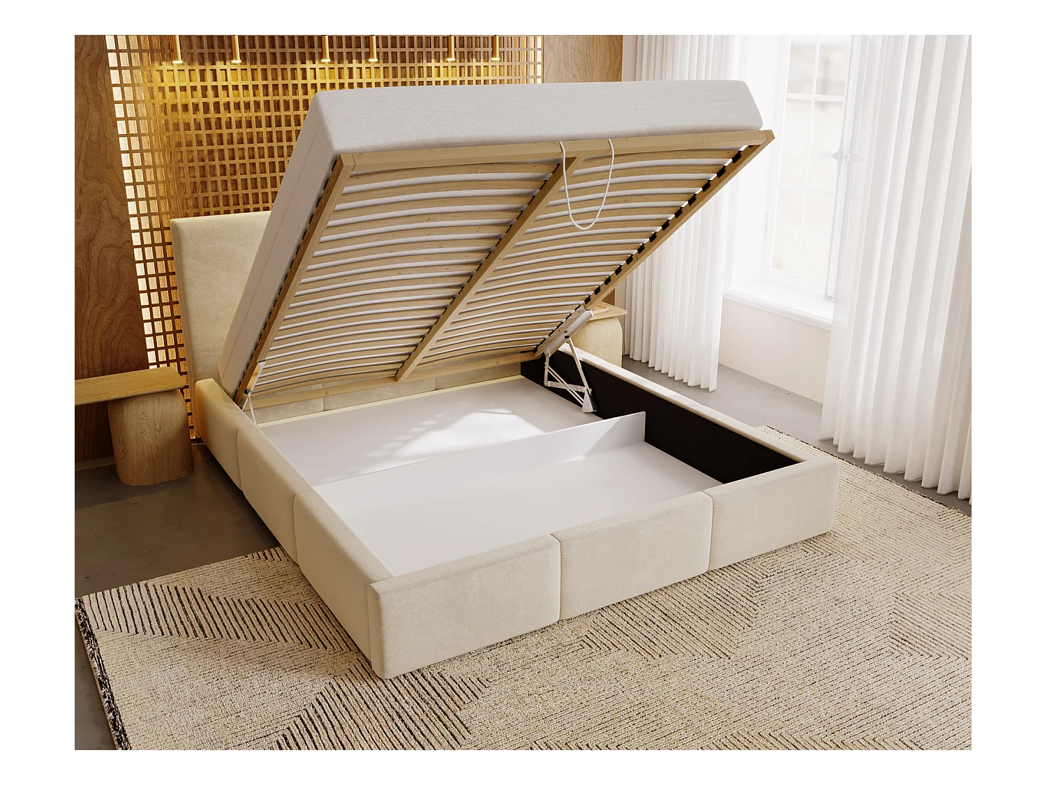 Emporius Lit 200x200 Lary - Lit avec rangement, Lit adulte rembourré - sommier à Lattes, tissu velours Beige (Magic Velvet 2201)