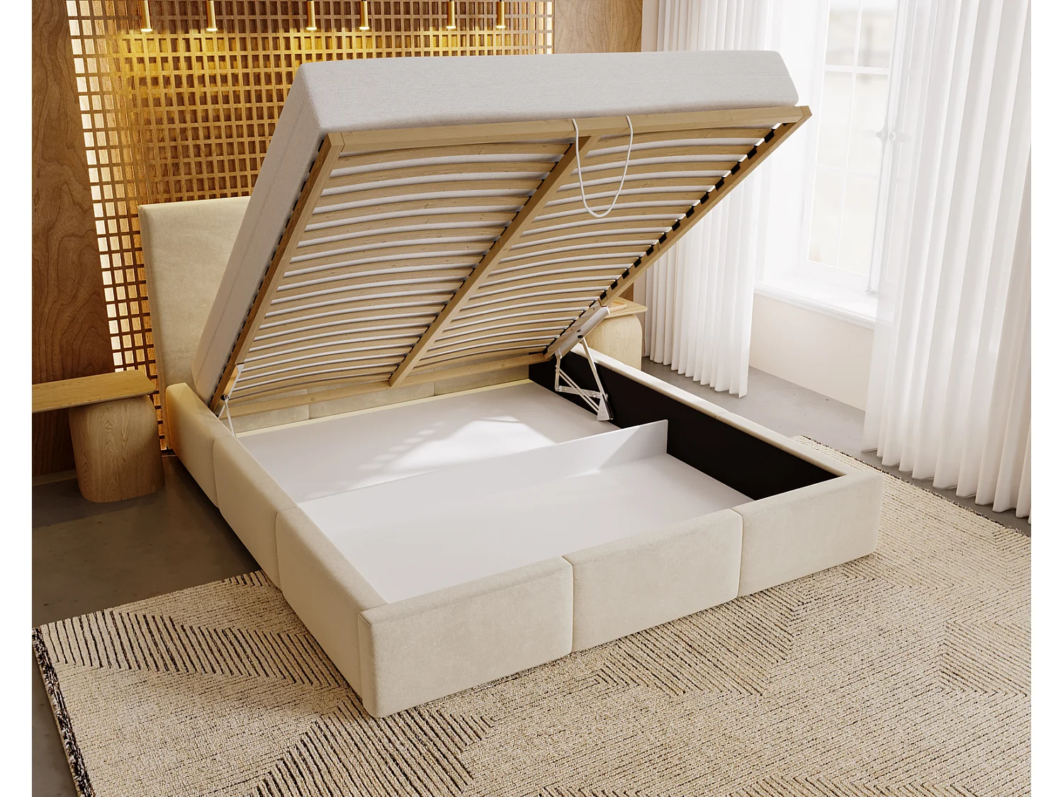 Emporius Lit 200x200 Lary - Lit avec rangement, Lit adulte rembourré - sommier à Lattes, tissu velours Beige (Magic Velvet 2201)