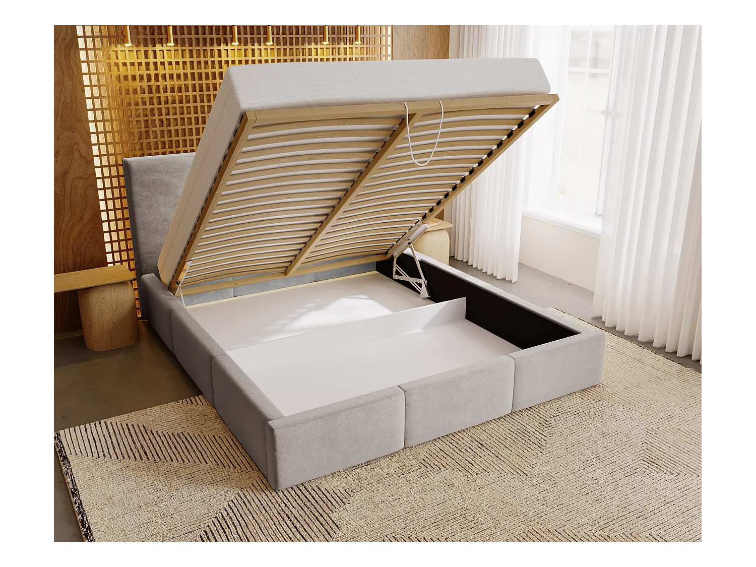 Emporius Lit 200x200 Lary - Lit avec rangement, Lit adulte rembourré - sommier à Lattes, tissu velours Gris clair (Magic Velvet 2218)