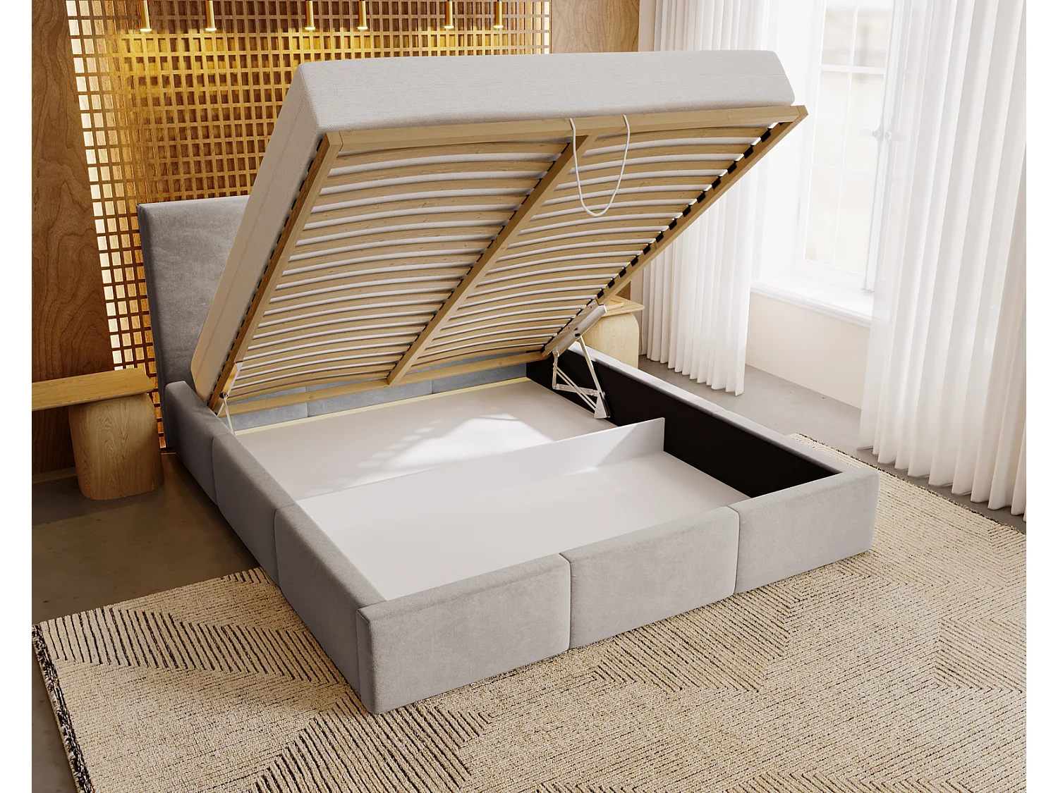 Emporius Lit 200x200 Lary - Lit avec rangement, Lit adulte rembourré - sommier à Lattes, tissu velours Gris clair (Magic Velvet 2218)