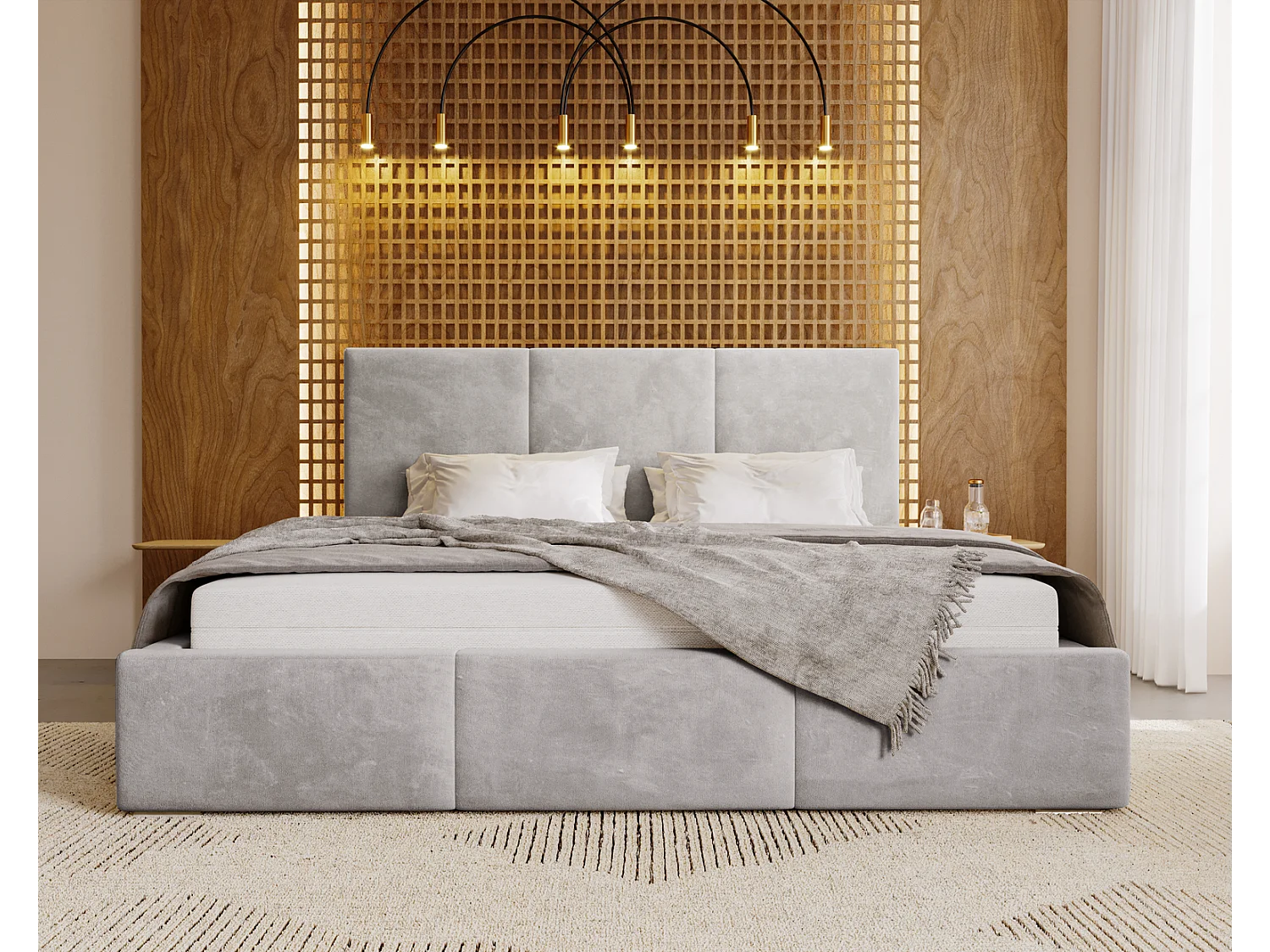 Emporius Lit 200x200 Lary - Lit avec rangement, Lit adulte rembourré - sommier à Lattes, tissu velours Gris clair (Magic Velvet 2218)