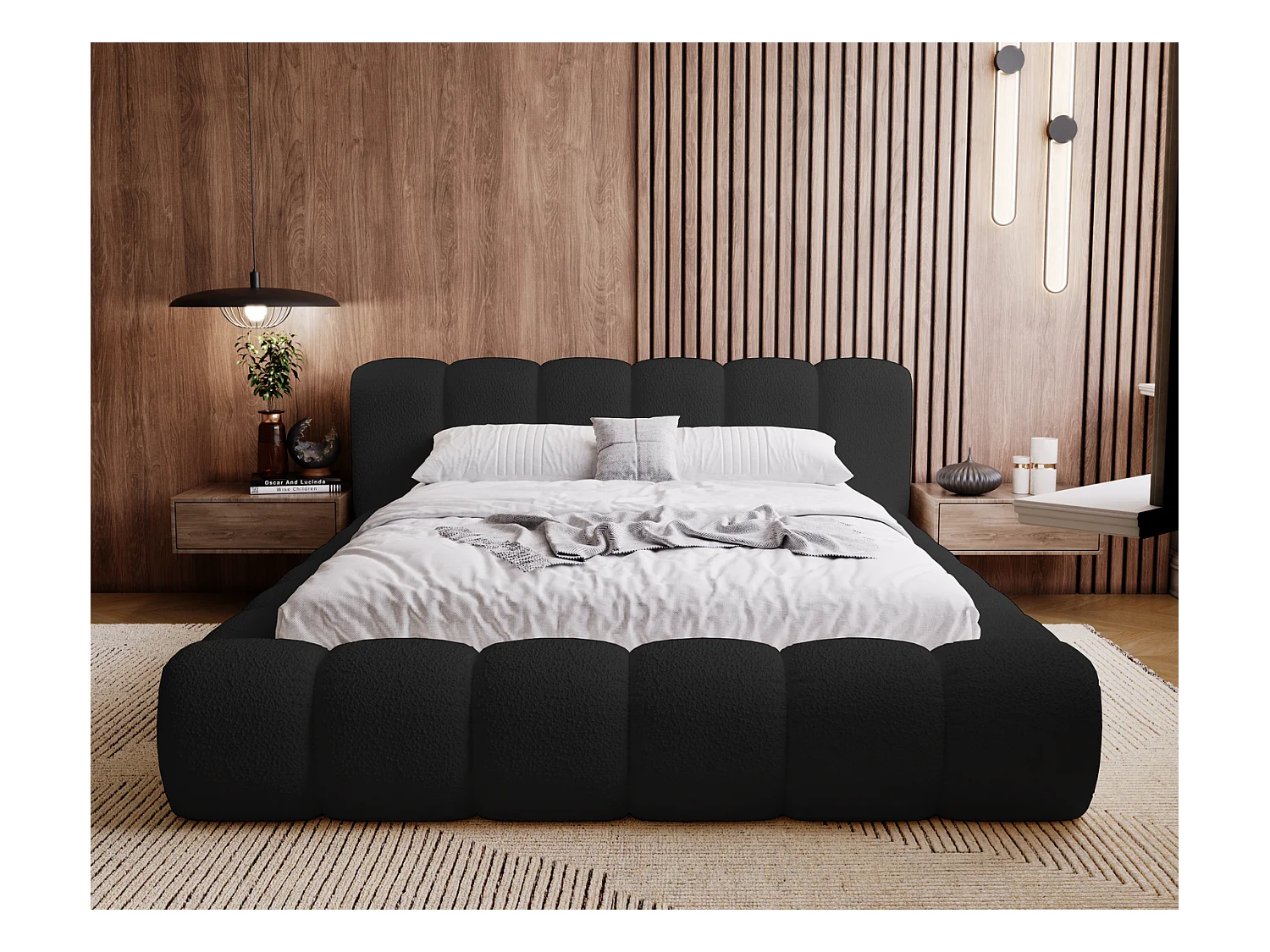 Emporius Cloud Lit rembourré 160x200 - Lit coffre avec rangement et sommier à lattes - Lit double 160x200 cm, tissu bouclé Noir (Anthology 19)