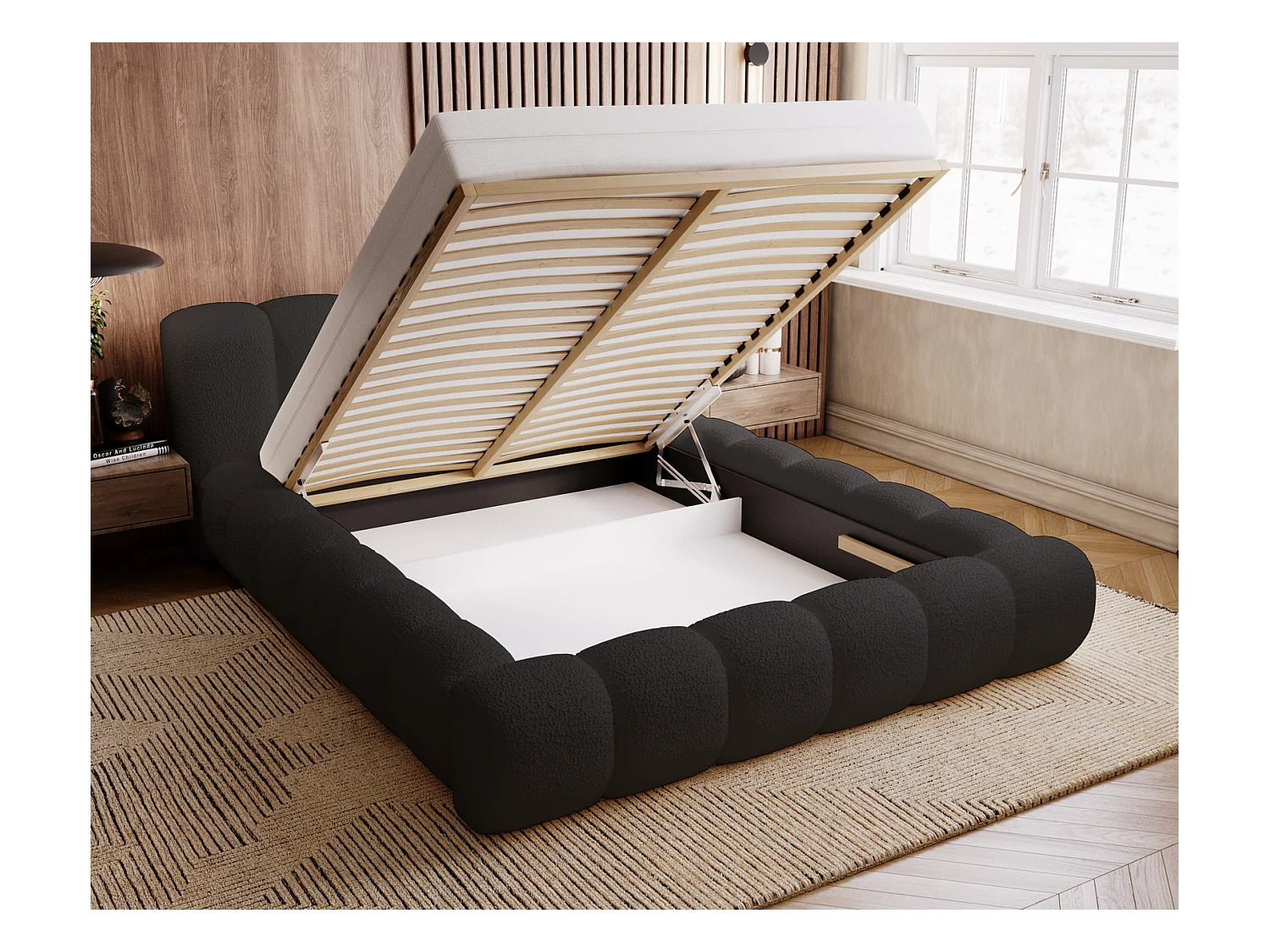 Emporius Cloud Lit rembourré 160x200 - Lit coffre avec rangement et sommier à lattes - Lit double 160x200 cm, tissu bouclé Noir (Anthology 19)