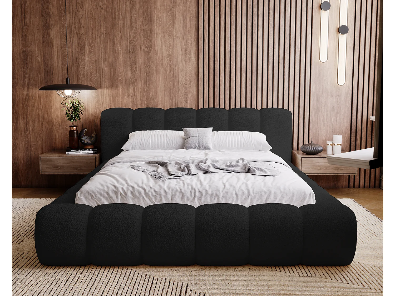 Emporius Cloud Lit rembourré 160x200 - Lit coffre avec rangement et sommier à lattes - Lit double 160x200 cm, tissu bouclé Noir (Anthology 19)