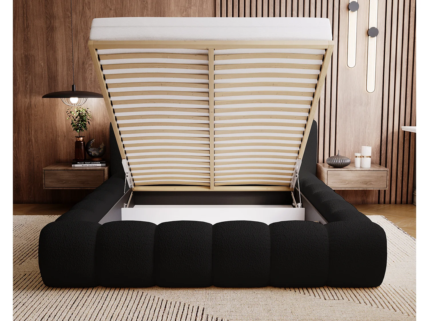 Emporius Cloud Lit rembourré 160x200 - Lit coffre avec rangement et sommier à lattes - Lit double 160x200 cm, tissu bouclé Noir (Anthology 19)