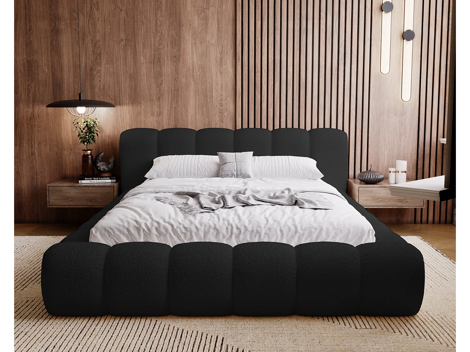 Emporius Cloud Lit rembourré 160x200 - Lit coffre avec rangement et sommier à lattes - Lit double 160x200 cm, tissu bouclé Noir (Anthology 19)