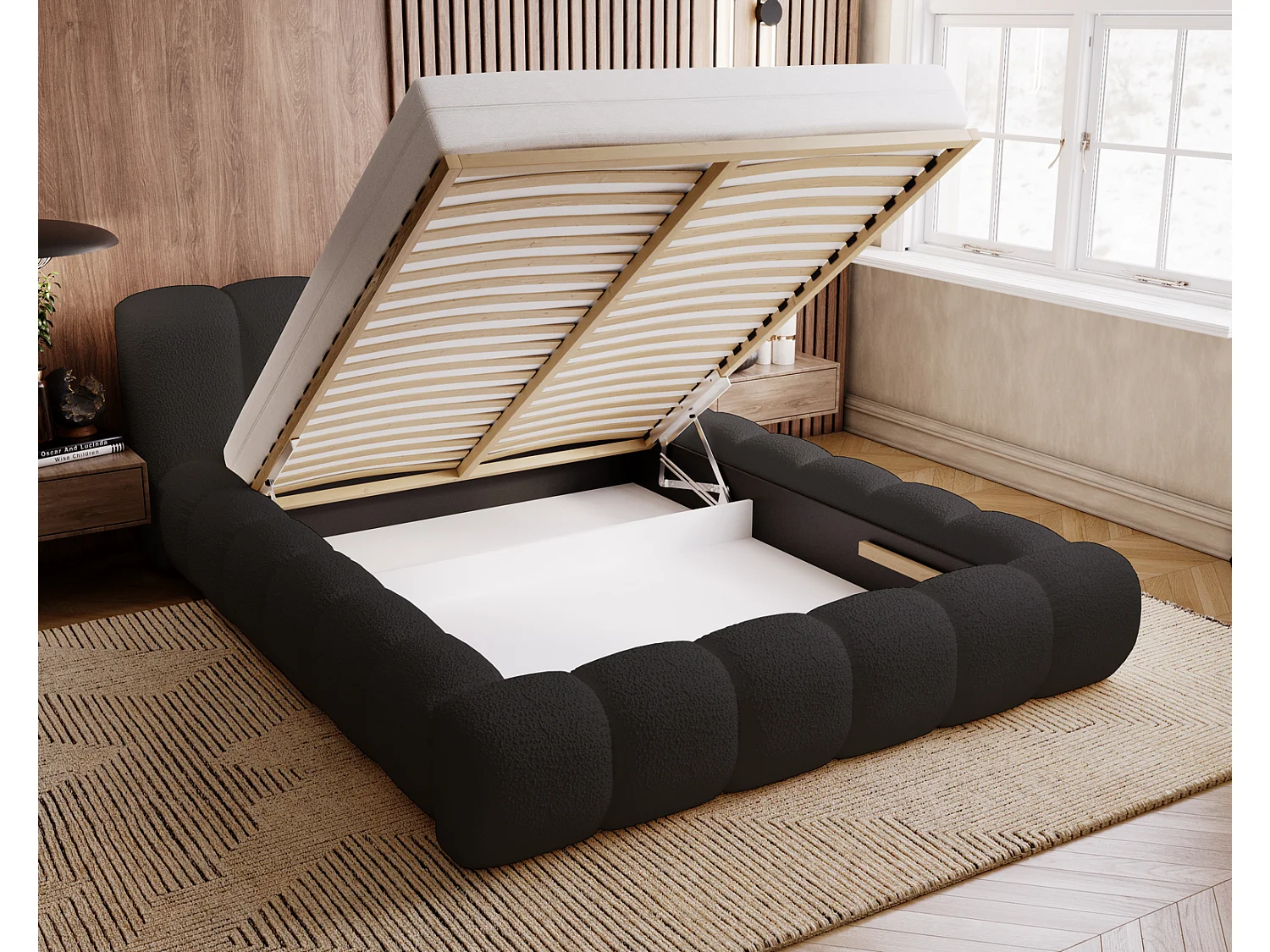 Emporius Cloud Lit rembourré 160x200 - Lit coffre avec rangement et sommier à lattes - Lit double 160x200 cm, tissu bouclé Noir (Anthology 19)