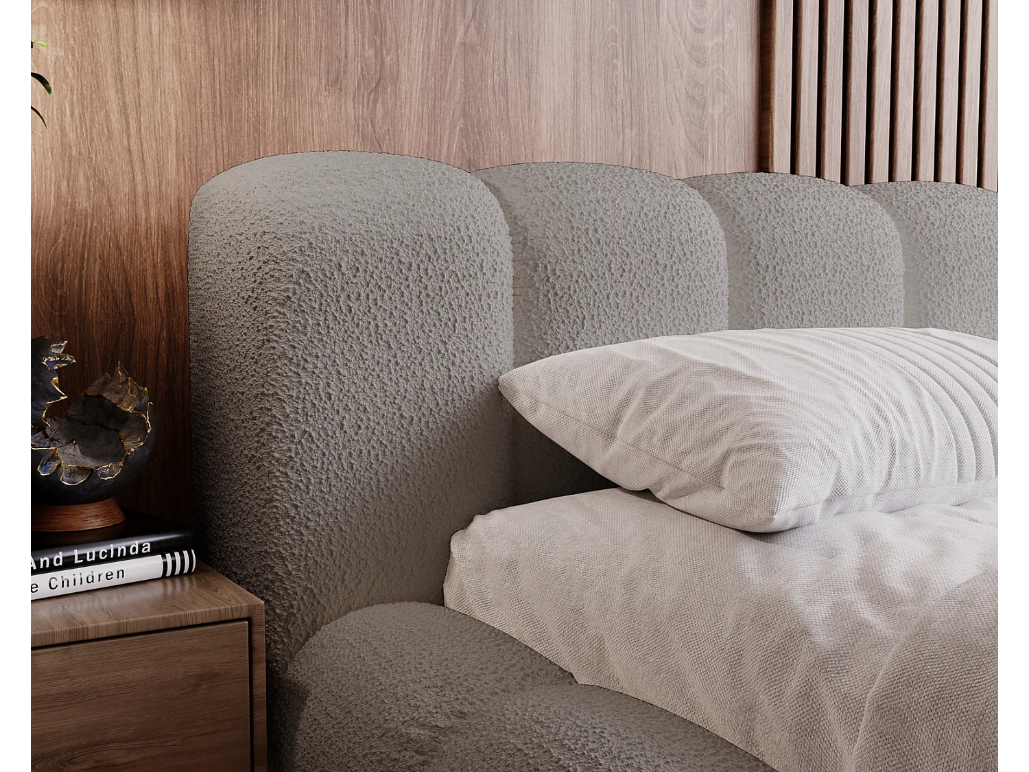 Emporius Cloud Lit rembourré 180x200 - Lit coffre avec rangement et sommier à lattes - Lit double 180x200 cm, tissu bouclé Gris clair (Anthology 15)