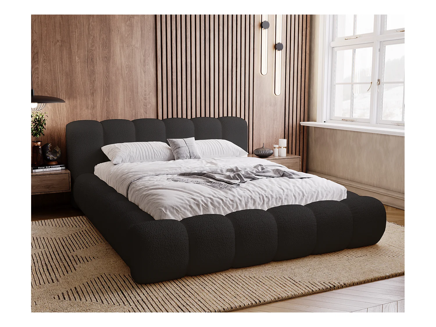 Emporius Cloud Gestoffeerd bed 140x200 cm  - tweepersoonsbed, luxe bed met lattenbodem, opbergruimte - Bouclé Zwart (Anthology 19)