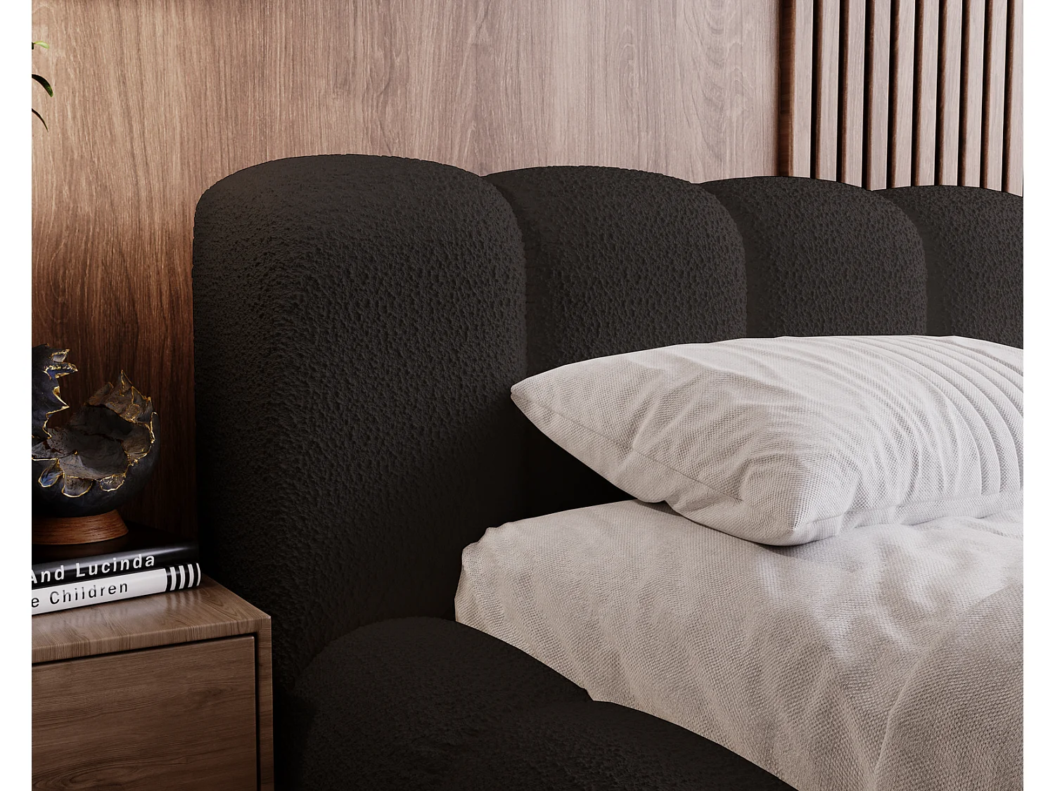 Emporius Cloud Lit rembourré 140x200 - Lit coffre avec rangement et sommier à lattes - Lit double 140x200 cm, tissu bouclé Noir (Anthology 19)