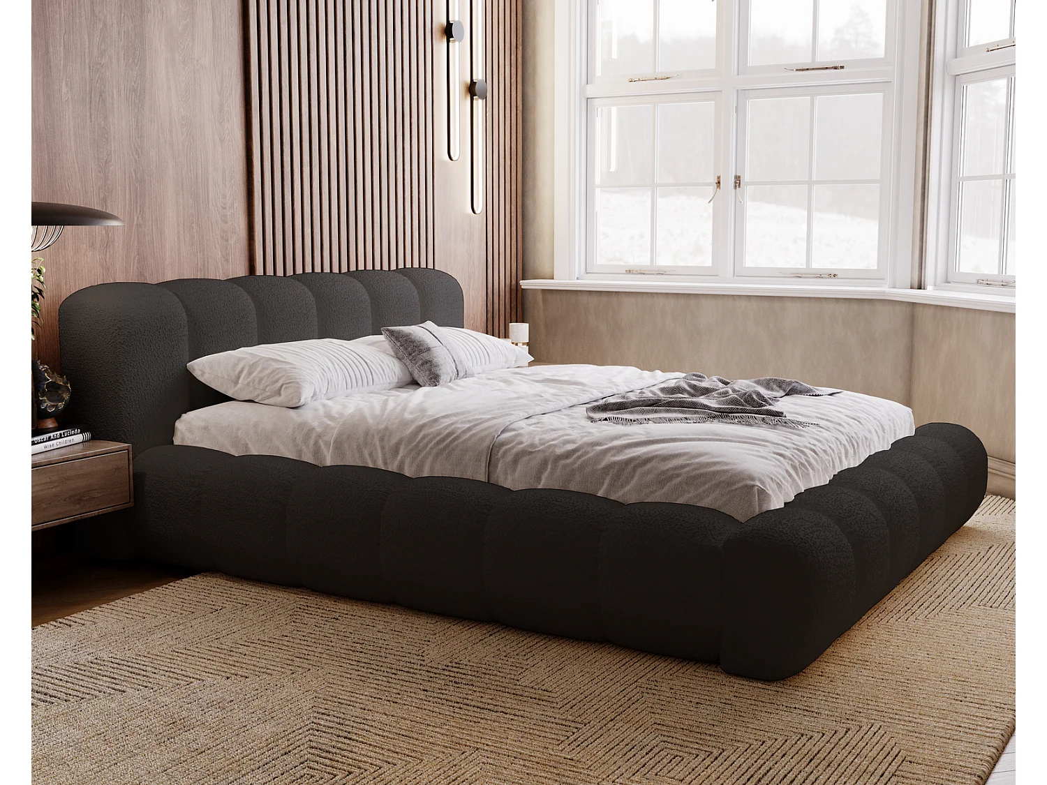 Emporius Cloud Lit rembourré 140x200 - Lit coffre avec rangement et sommier à lattes - Lit double 140x200 cm, tissu bouclé Noir (Anthology 19)