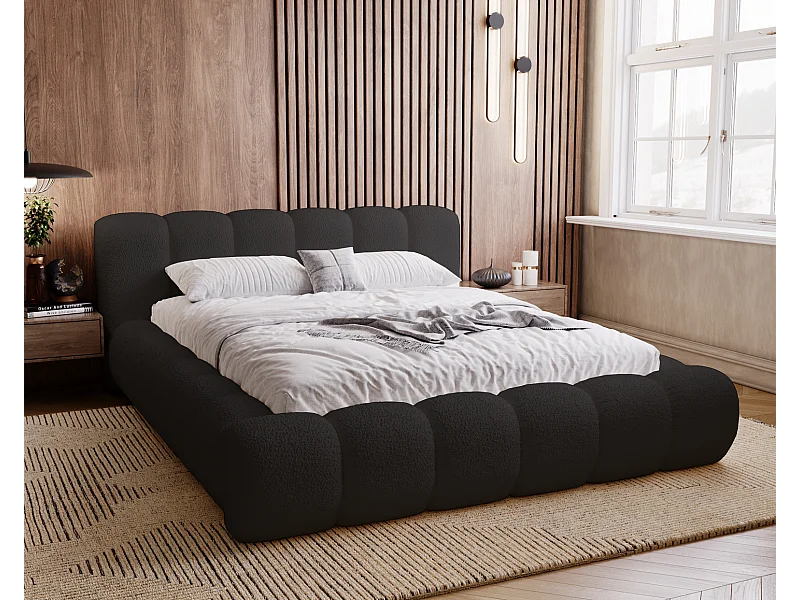 Emporius Cloud Gestoffeerd bed 140x200 cm  - tweepersoonsbed, luxe bed met lattenbodem, opbergruimte - Bouclé Zwart (Anthology 19)