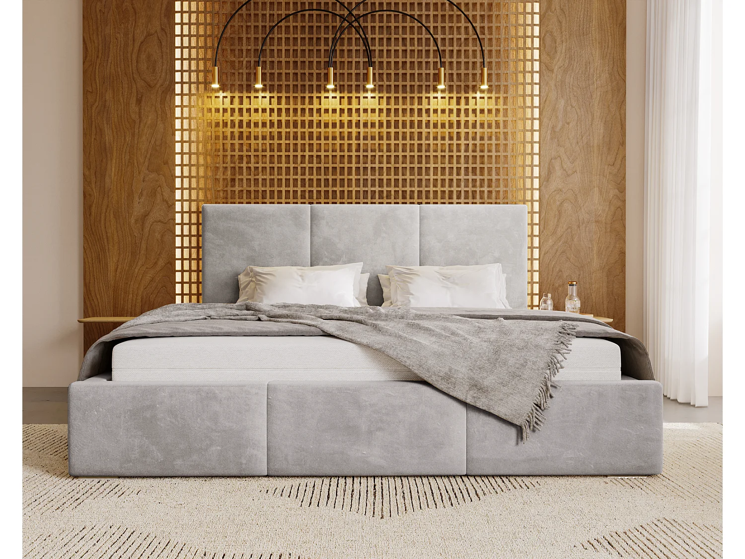 Emporius Tweepersoonsbed met opbergruimte 160x200 cm Lary - Gestoffeerd bed 160 x 200, fluweel Lichtgrijs (Magic Velvet 2218)