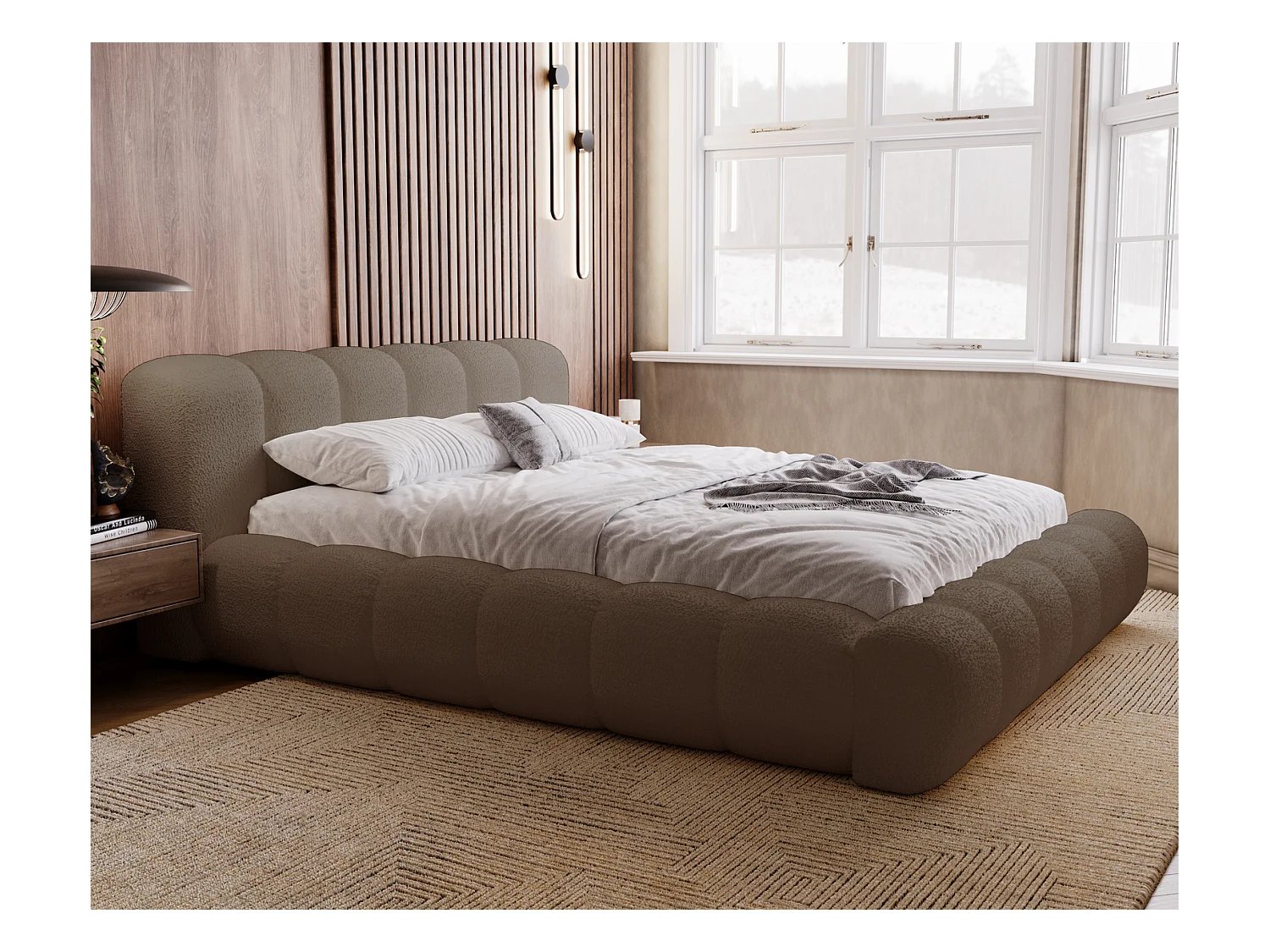 Emporius Cloud Lit rembourré 160x200 - Lit coffre avec rangement et sommier à lattes - Lit double 160x200 cm, tissu bouclé Brun (Anthology 5)