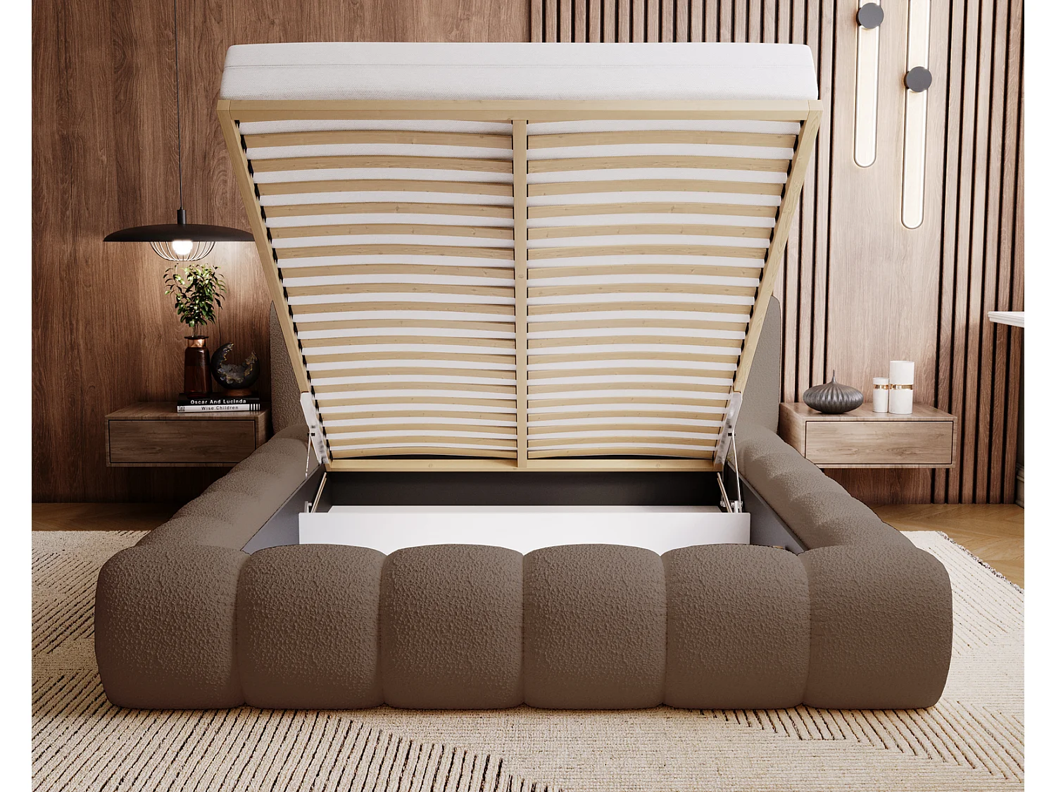 Emporius Cloud Lit rembourré 160x200 - Lit coffre avec rangement et sommier à lattes - Lit double 160x200 cm, tissu bouclé Brun (Anthology 5)