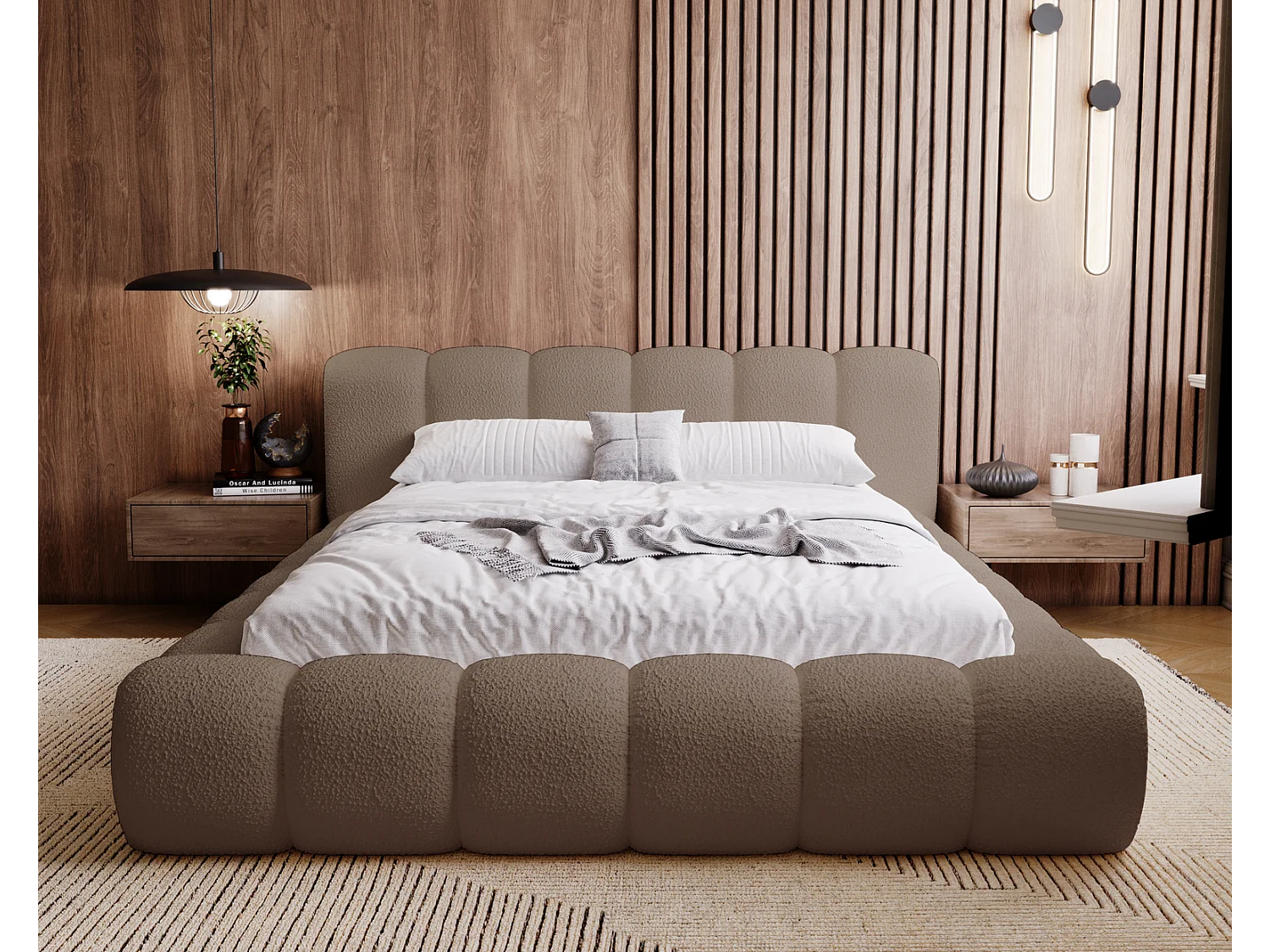 Emporius Cloud Lit rembourré 160x200 - Lit coffre avec rangement et sommier à lattes - Lit double 160x200 cm, tissu bouclé Brun (Anthology 5)