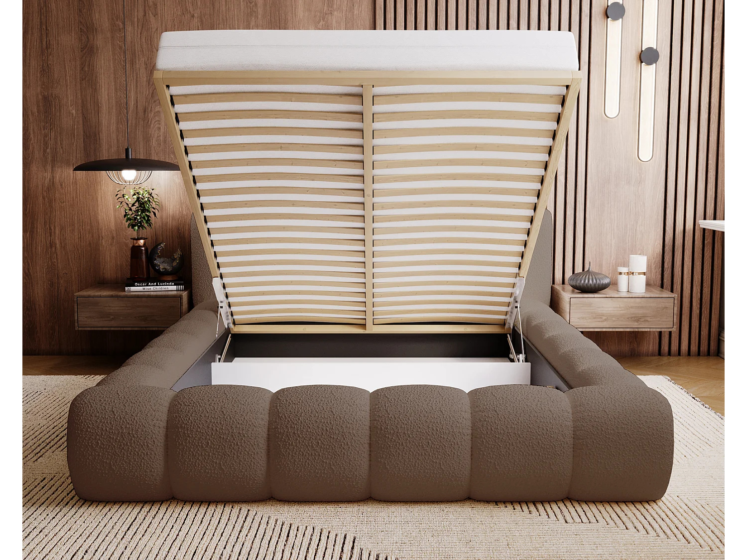 Emporius Cloud Lit rembourré 160x200 - Lit coffre avec rangement et sommier à lattes - Lit double 160x200 cm, tissu bouclé Brun (Anthology 5)