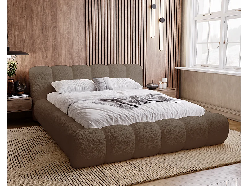 Emporius Cloud Gestoffeerd bed 160x200 cm  - tweepersoonsbed, luxe bed met lattenbodem, opbergruimte - Bouclé Bruin (Anthology 5)