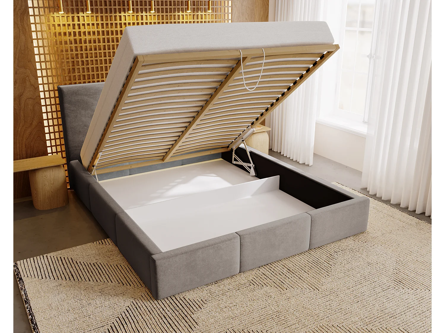 Emporius Lit 200x200 Lary - Lit avec rangement, Lit adulte rembourré - sommier à Lattes, tissu velours Brun (Magic Velvet 2205)