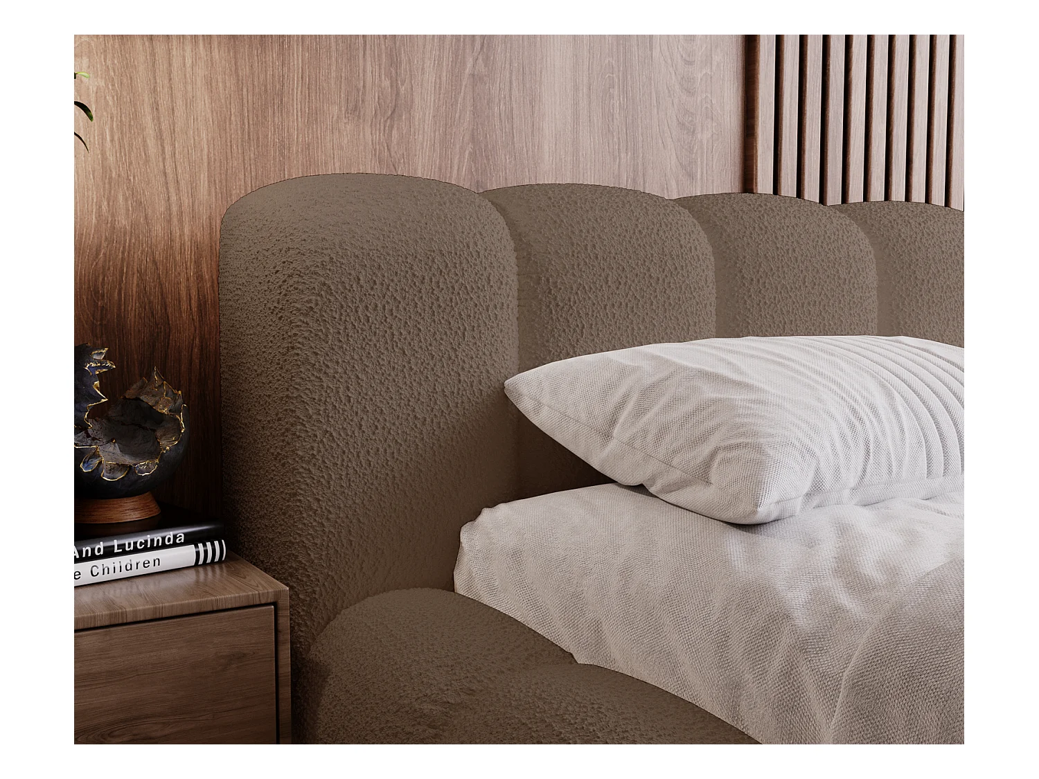 Emporius Cloud Lit rembourré 180x200 - Lit coffre avec rangement et sommier à lattes - Lit double 180x200 cm, tissu bouclé Brun (Anthology 5)