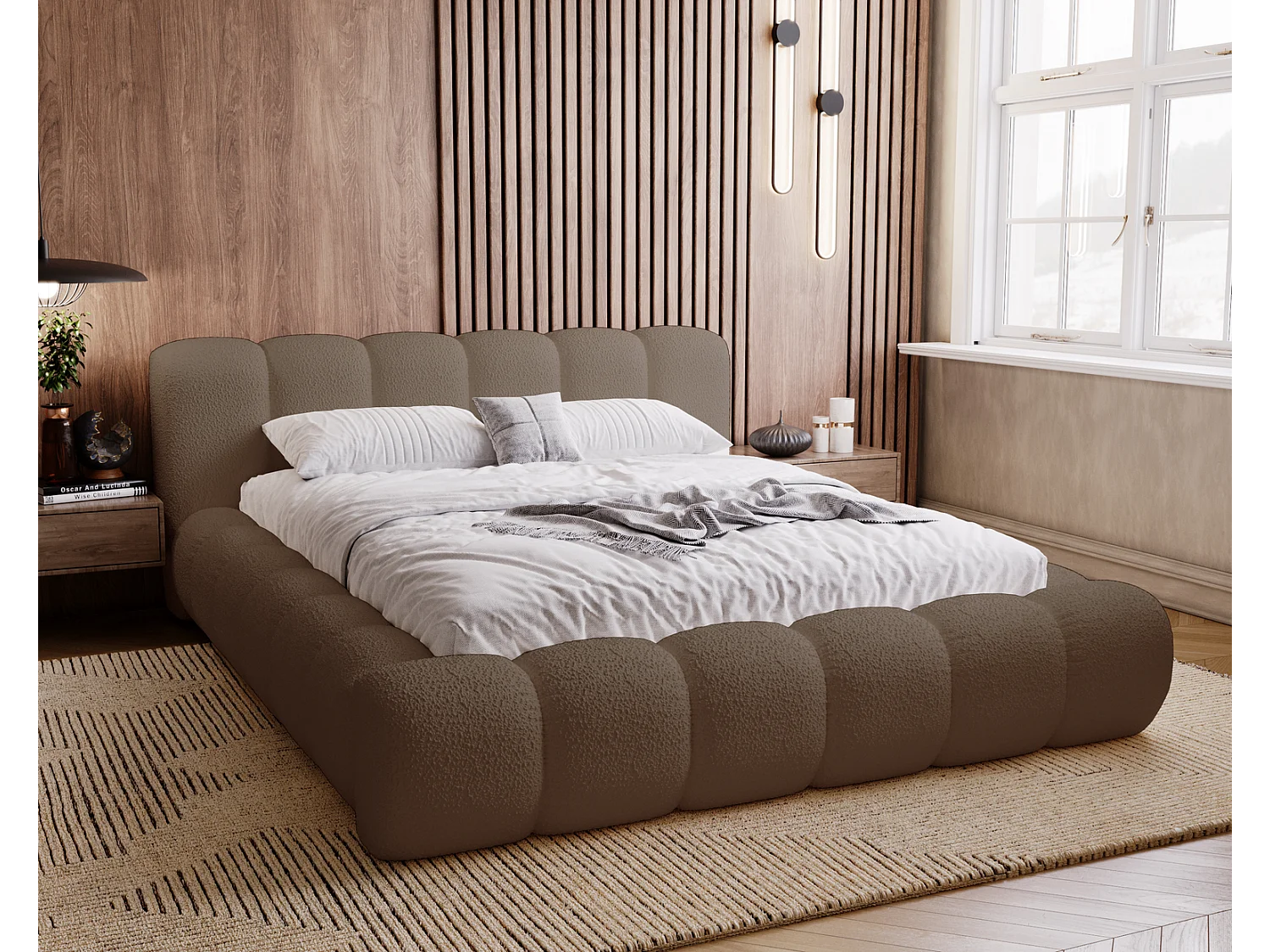 Emporius Cloud Lit rembourré 180x200 - Lit coffre avec rangement et sommier à lattes - Lit double 180x200 cm, tissu bouclé Brun (Anthology 5)