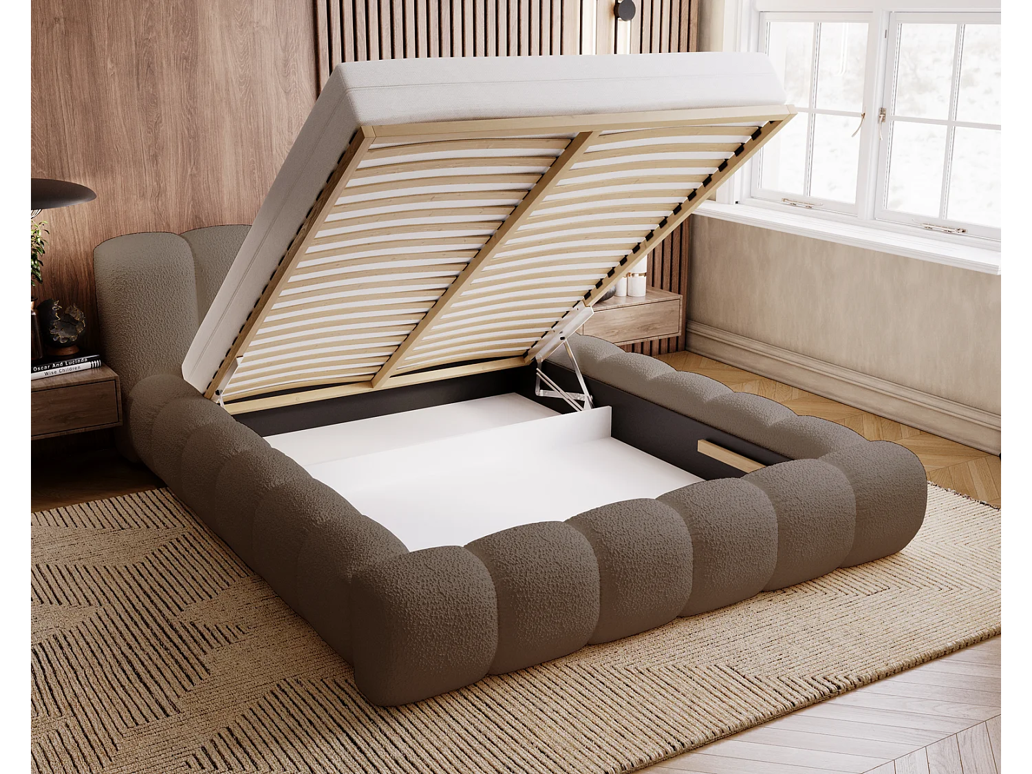 Emporius Cloud Lit rembourré 180x200 - Lit coffre avec rangement et sommier à lattes - Lit double 180x200 cm, tissu bouclé Brun (Anthology 5)