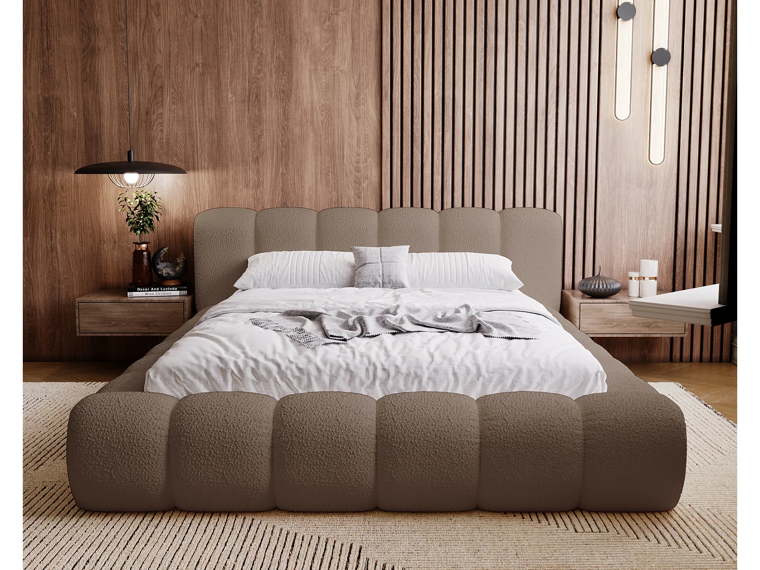 Emporius Cloud Lit rembourré 180x200 - Lit coffre avec rangement et sommier à lattes - Lit double 180x200 cm, tissu bouclé Brun (Anthology 5)