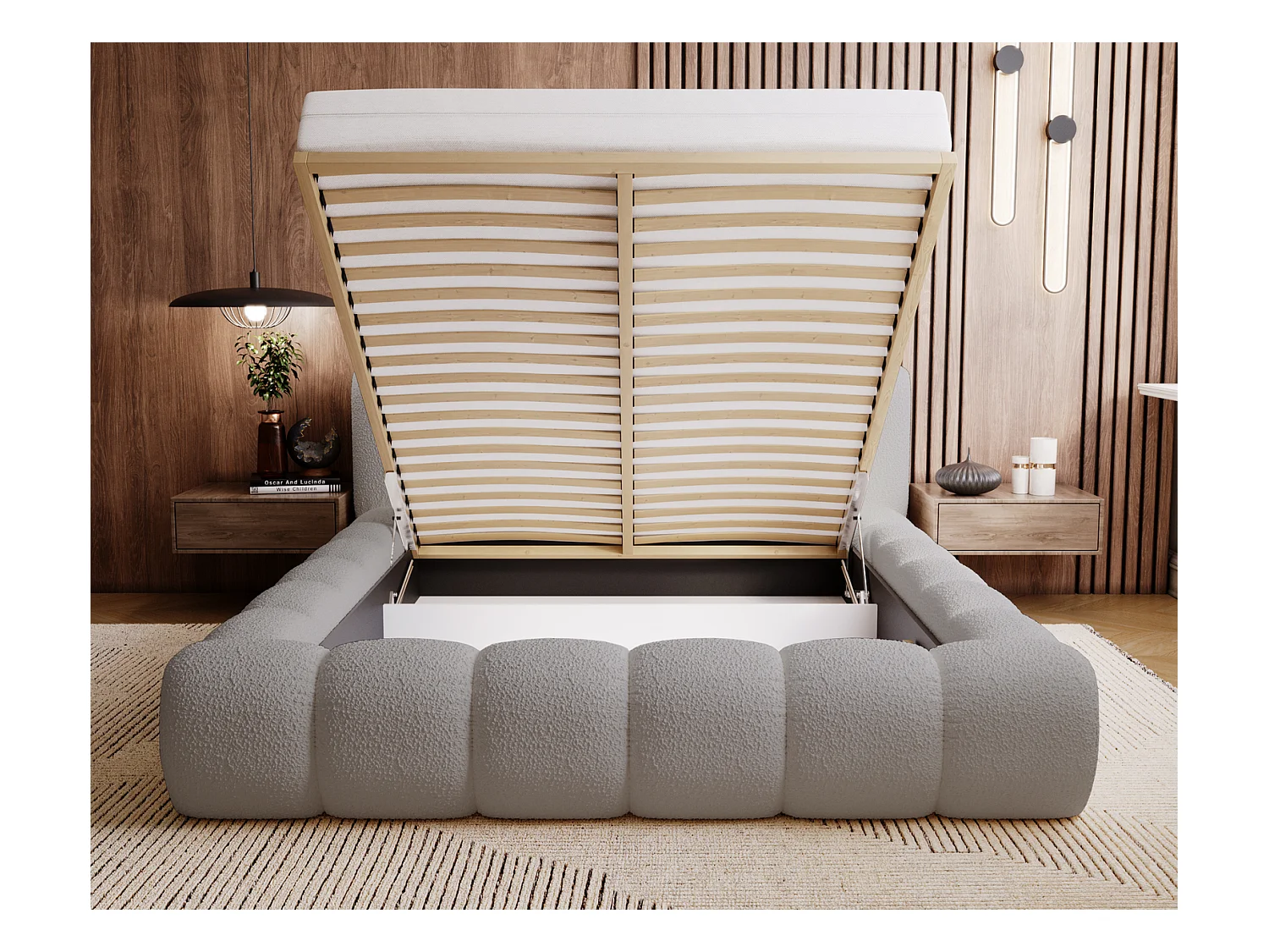 Emporius Cloud Lit rembourré 160x200 - Lit coffre avec rangement et sommier à lattes - Lit double 160x200 cm, tissu bouclé Gris clair (Anthology 15)