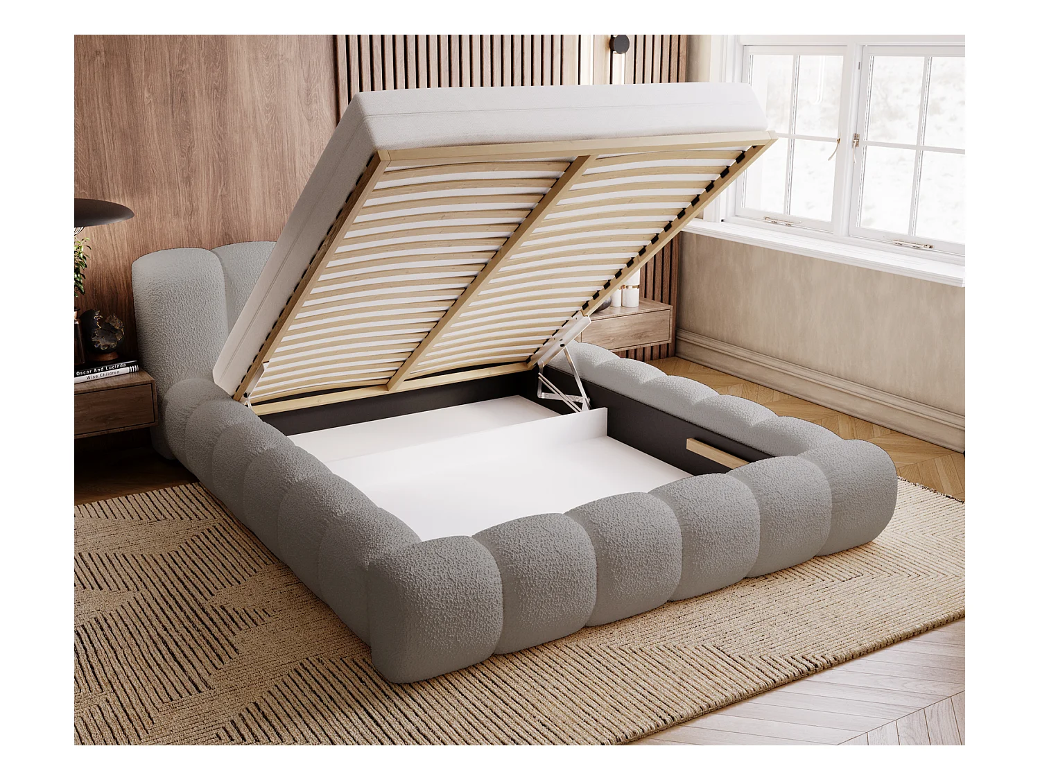Emporius Cloud Lit rembourré 160x200 - Lit coffre avec rangement et sommier à lattes - Lit double 160x200 cm, tissu bouclé Gris clair (Anthology 15)