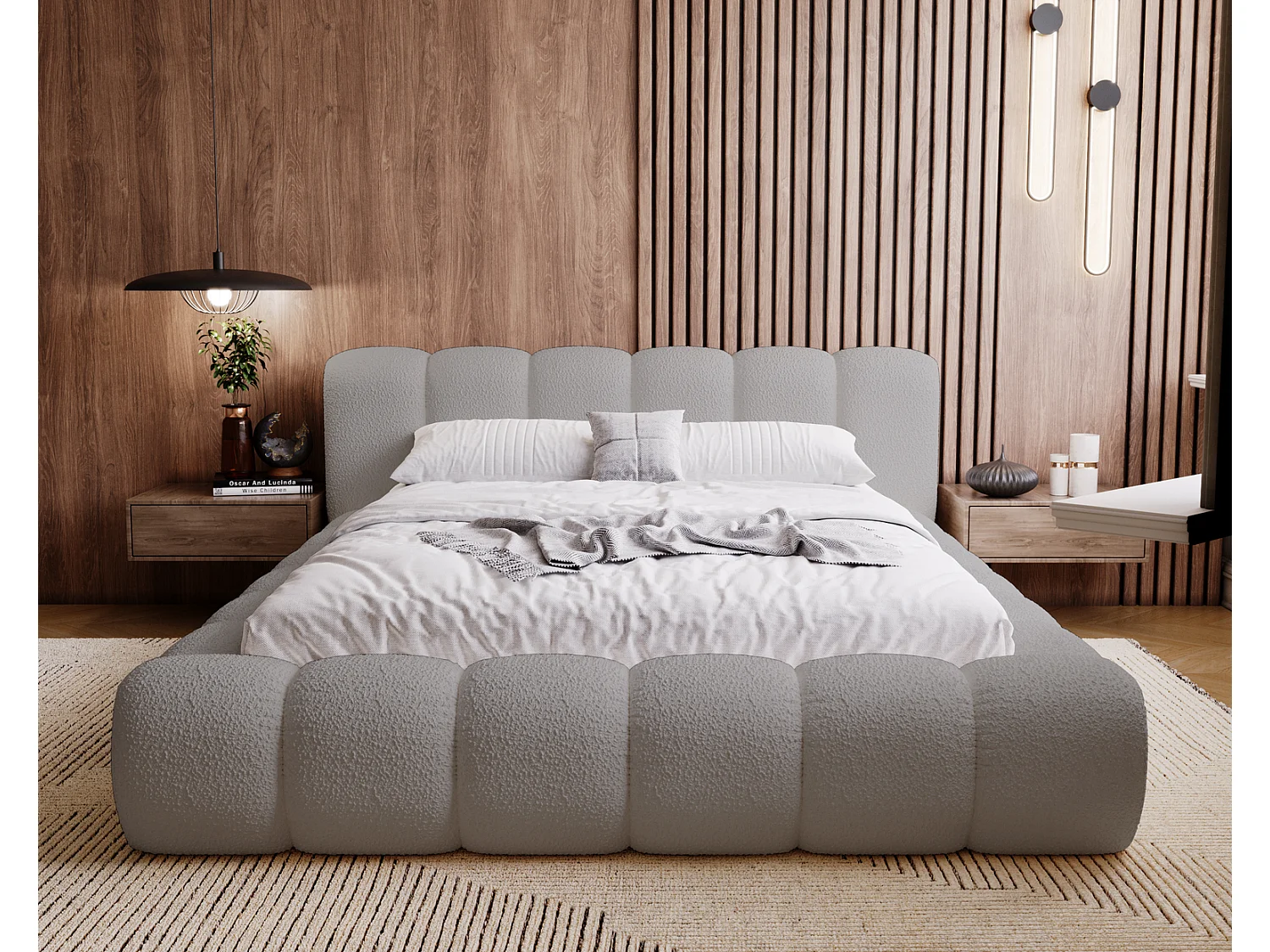 Emporius Cloud Gestoffeerd bed 160x200 cm  - tweepersoonsbed, luxe bed met lattenbodem, opbergruimte - Bouclé Lichtgrijs (Anthology 15)