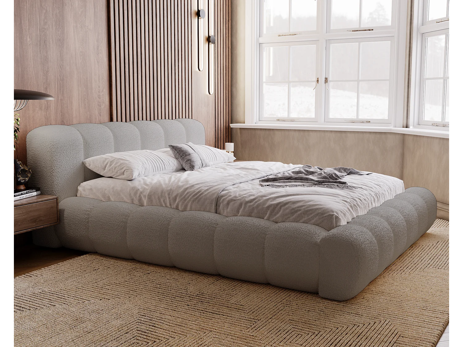 Emporius Cloud Lit rembourré 160x200 - Lit coffre avec rangement et sommier à lattes - Lit double 160x200 cm, tissu bouclé Gris clair (Anthology 15)