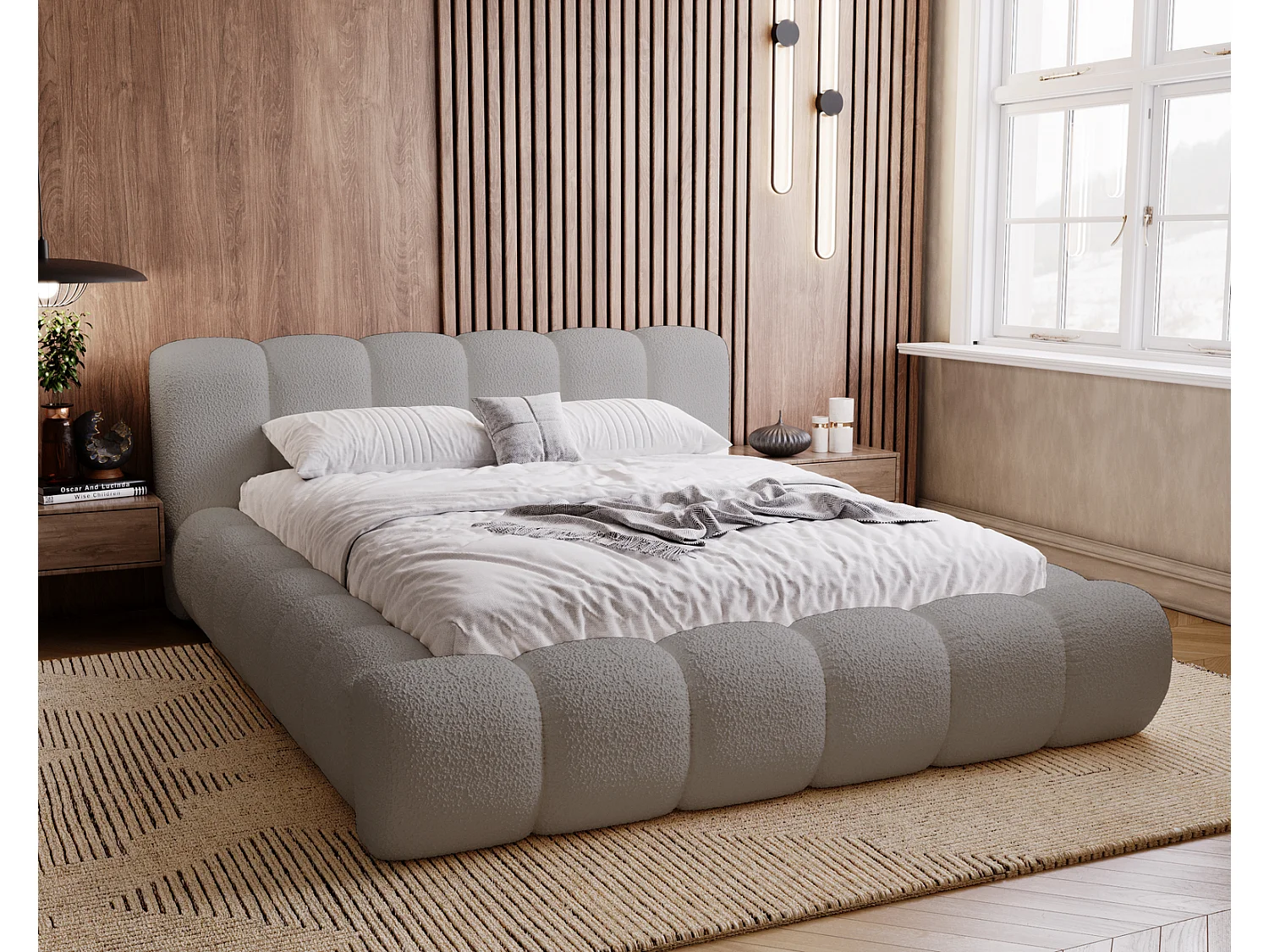 Emporius Cloud Lit rembourré 160x200 - Lit coffre avec rangement et sommier à lattes - Lit double 160x200 cm, tissu bouclé Gris clair (Anthology 15)