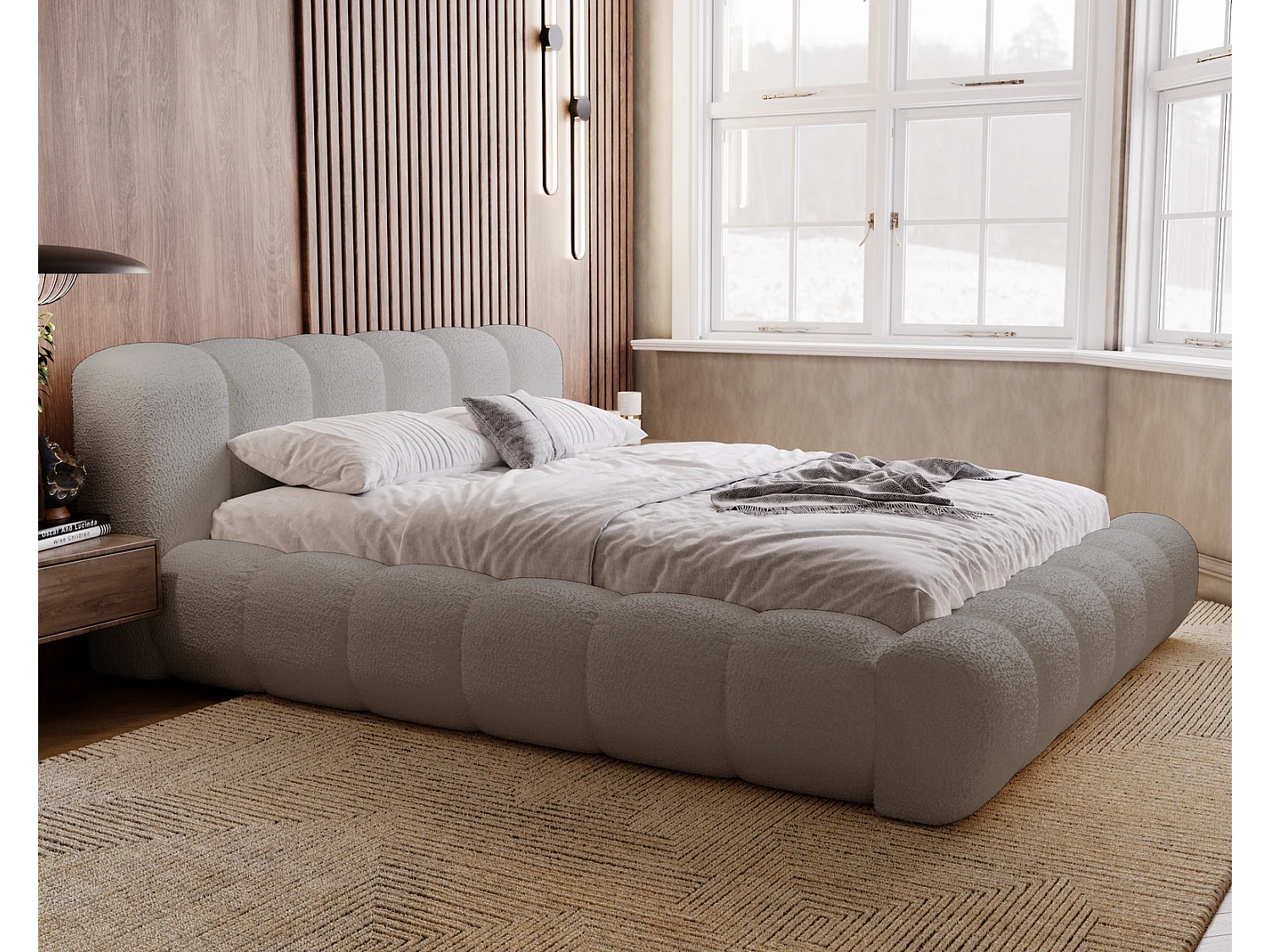 Emporius Cloud Lit rembourré 160x200 - Lit coffre avec rangement et sommier à lattes - Lit double 160x200 cm, tissu bouclé Gris clair (Anthology 15)