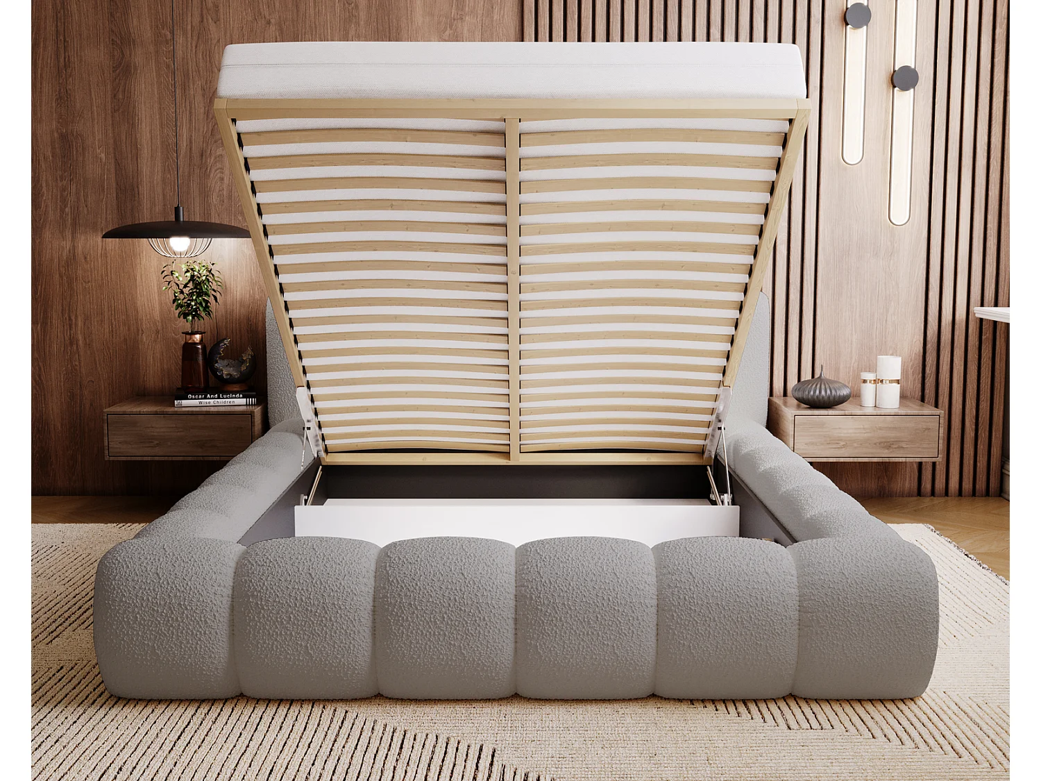 Emporius Cloud Lit rembourré 160x200 - Lit coffre avec rangement et sommier à lattes - Lit double 160x200 cm, tissu bouclé Gris clair (Anthology 15)