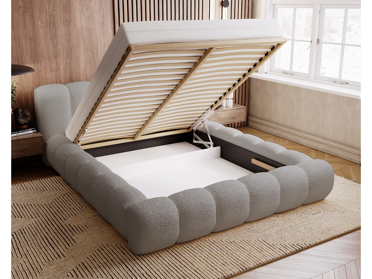 Emporius Cloud Lit rembourré 160x200 - Lit coffre avec rangement et sommier à lattes - Lit double 160x200 cm, tissu bouclé Gris clair (Anthology 15)