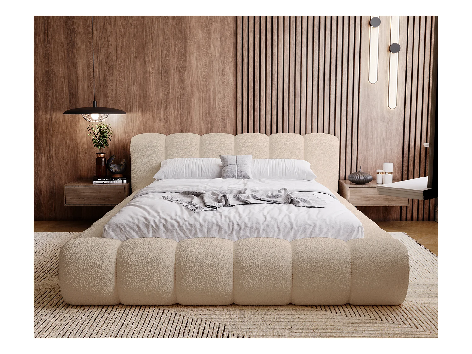 Emporius Cloud Lit rembourré 180x200 - Lit coffre avec rangement et sommier à lattes - Lit double 180x200 cm, tissu bouclé Beige (Anthology 3)