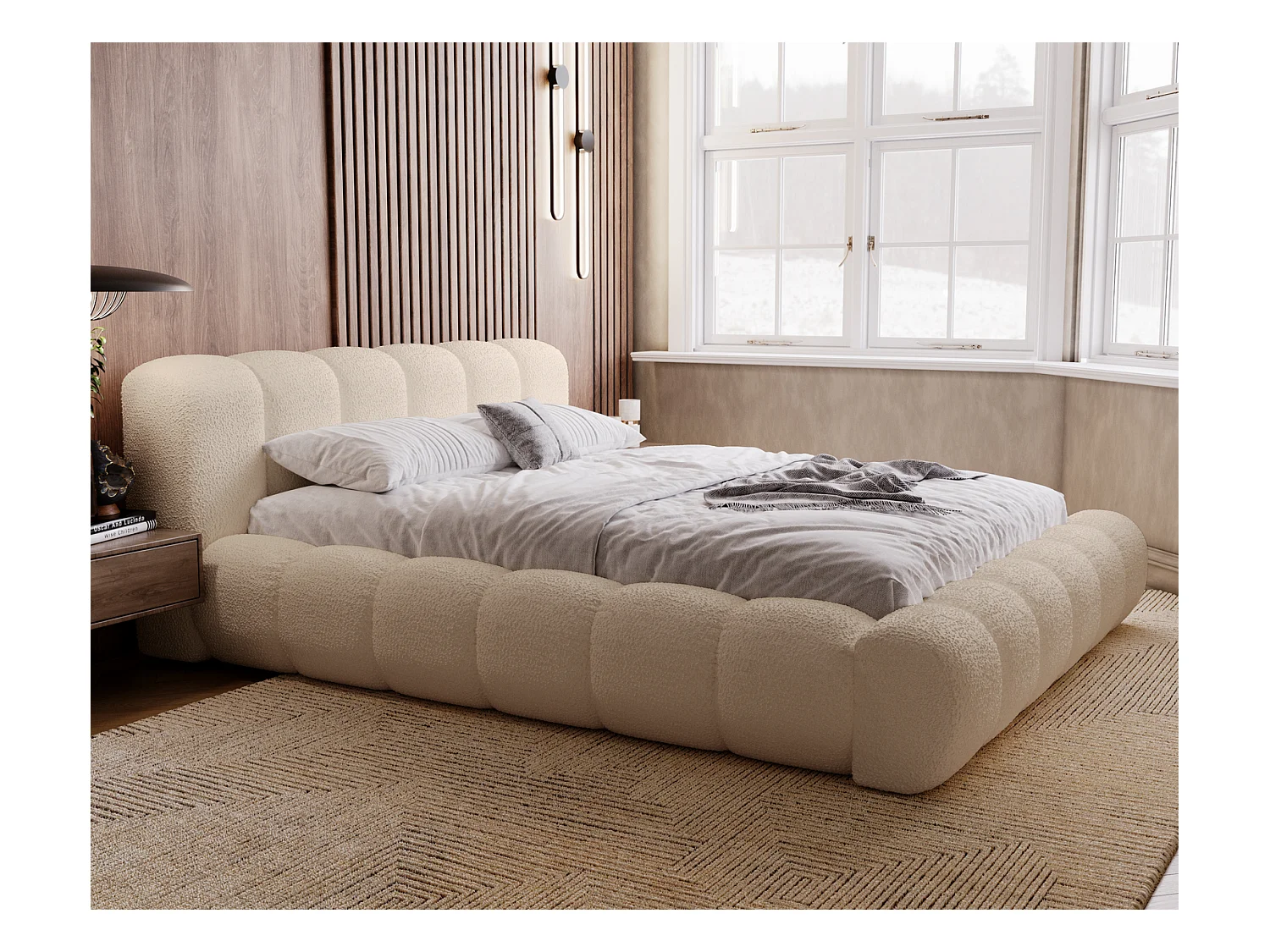 Emporius Cloud Lit rembourré 180x200 - Lit coffre avec rangement et sommier à lattes - Lit double 180x200 cm, tissu bouclé Beige (Anthology 3)