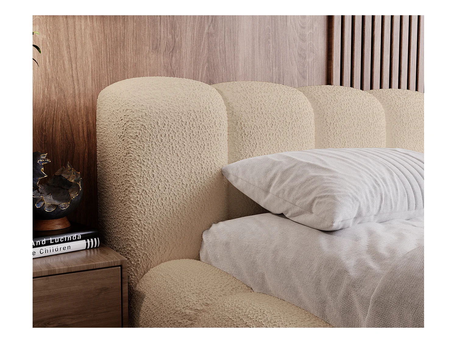 Emporius Cloud Lit rembourré 180x200 - Lit coffre avec rangement et sommier à lattes - Lit double 180x200 cm, tissu bouclé Beige (Anthology 3)