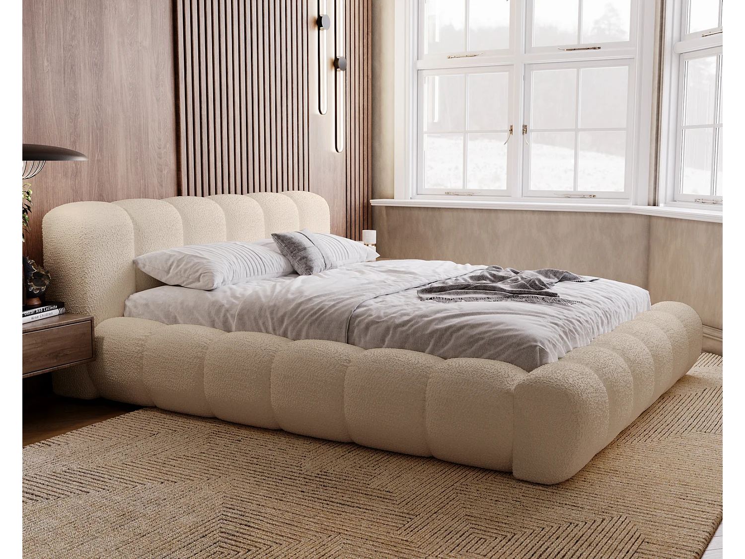 Emporius Cloud Lit rembourré 180x200 - Lit coffre avec rangement et sommier à lattes - Lit double 180x200 cm, tissu bouclé Beige (Anthology 3)
