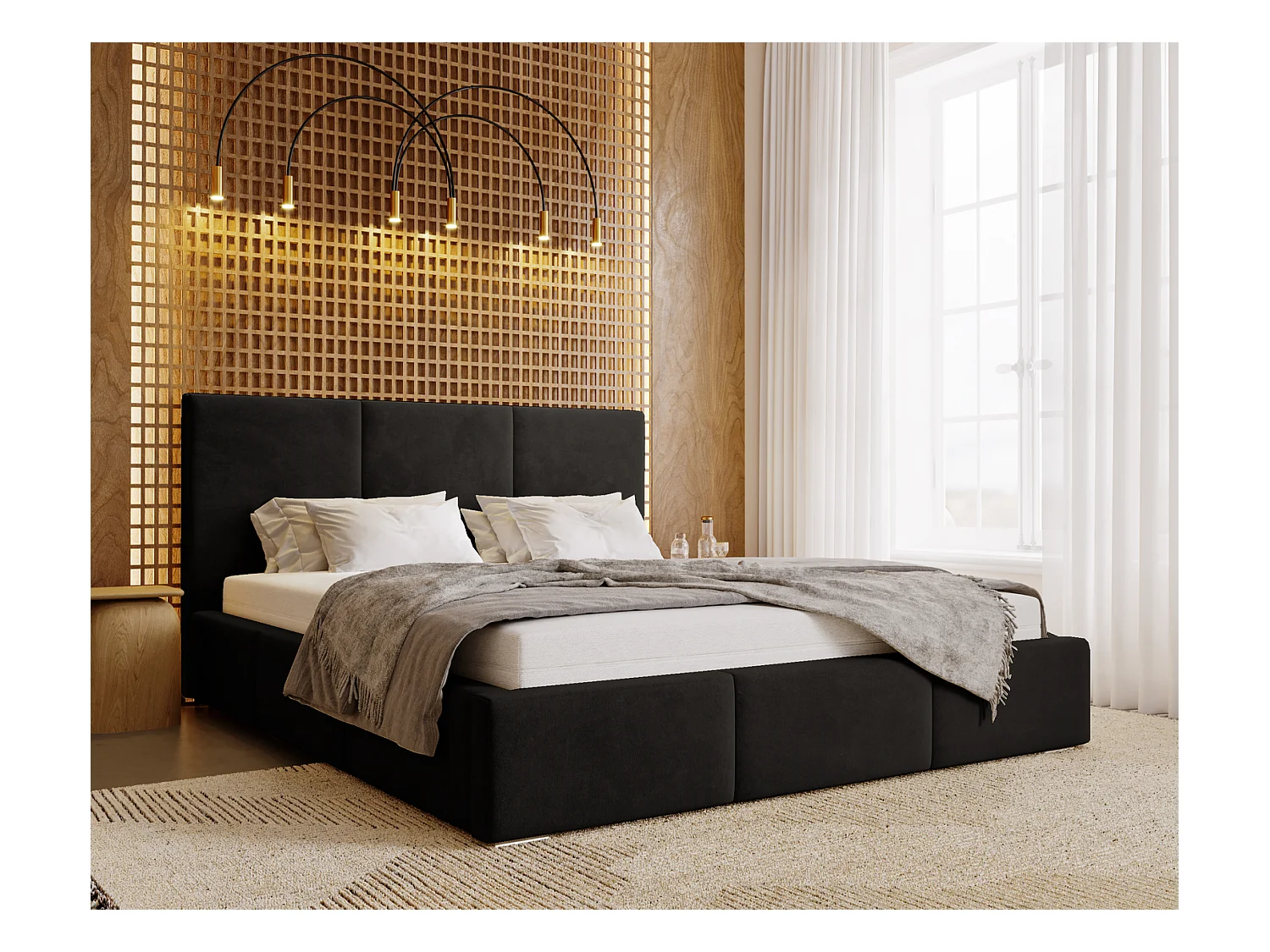 Emporius Lit 200x200 Lary - Lit avec rangement, Lit adulte rembourré - sommier à Lattes, tissu velours Noir (Magic Velvet 2219)